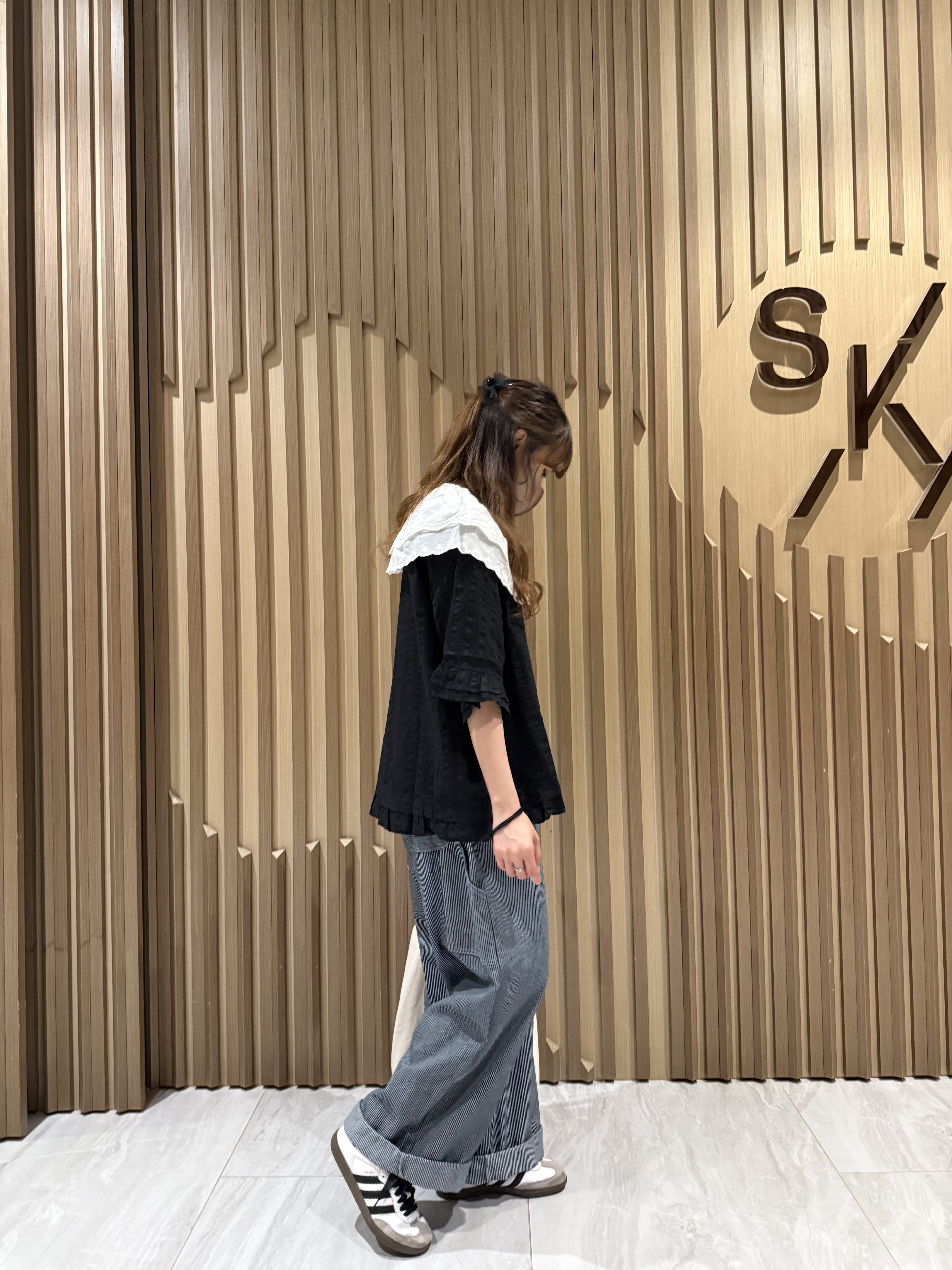 牛仔間條直腳褲