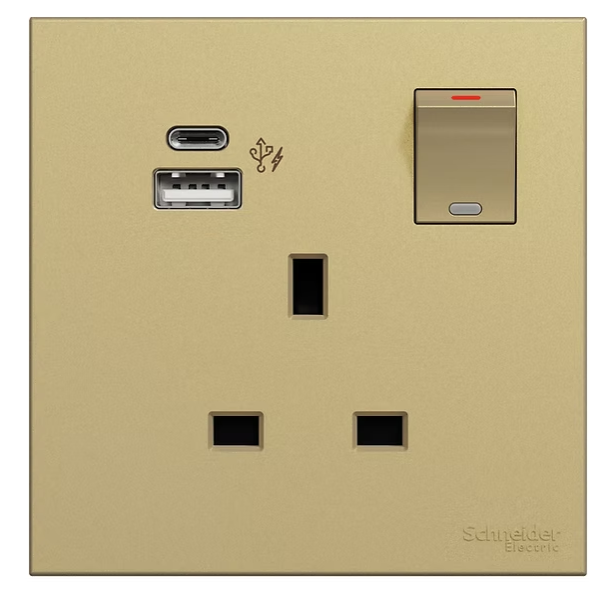 施耐德 奐然AvatarOn C 沉醉金 13A單蘇有掣連Type A+C USB 插座