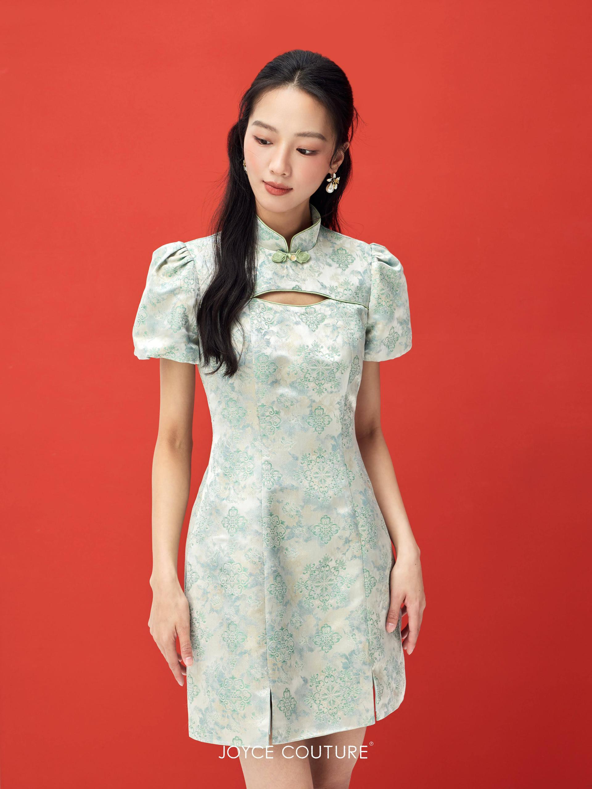 泡泡袖旗袍连身裙 D0105