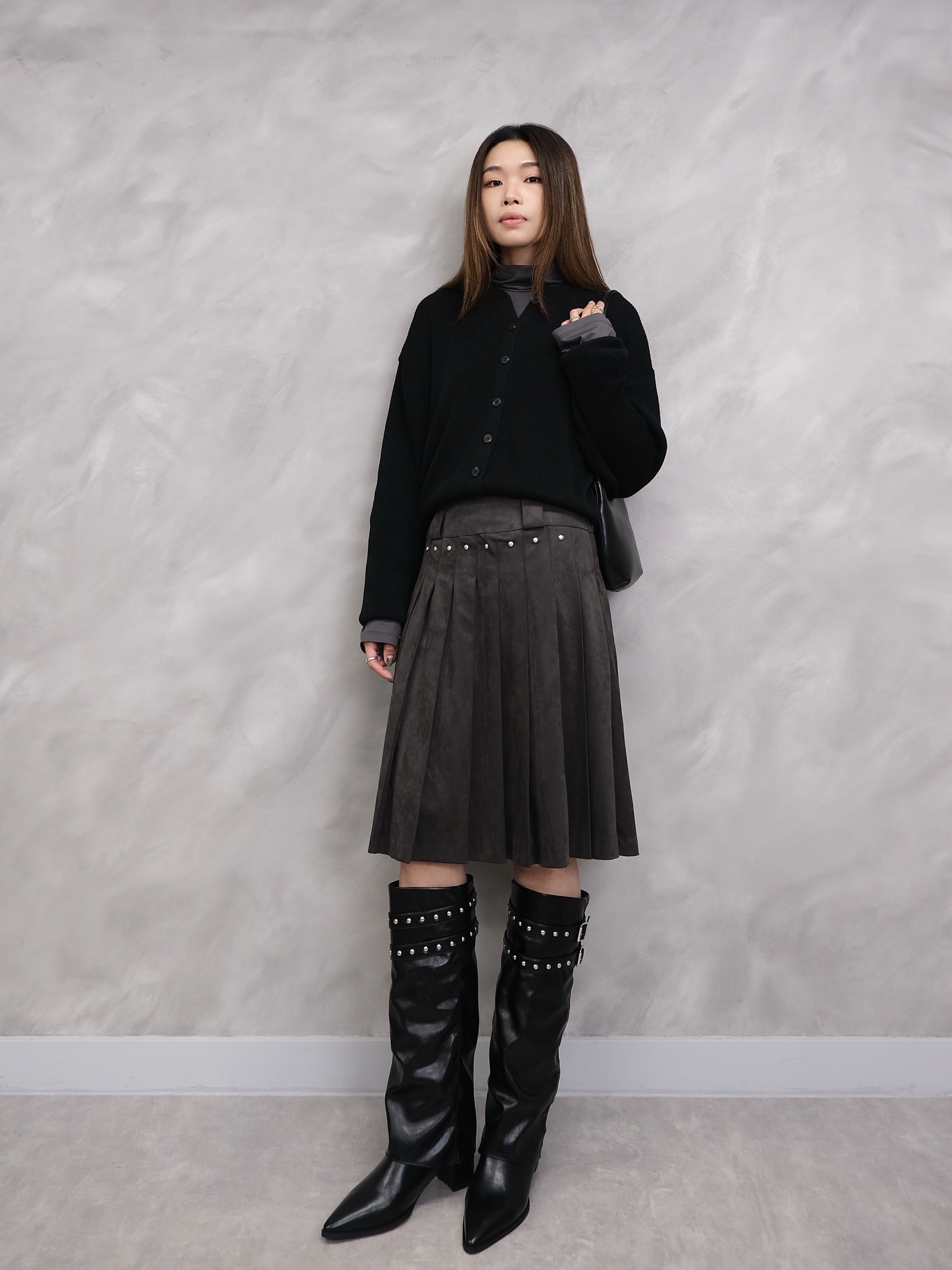 Pointed Studded Buckle Tall Boots