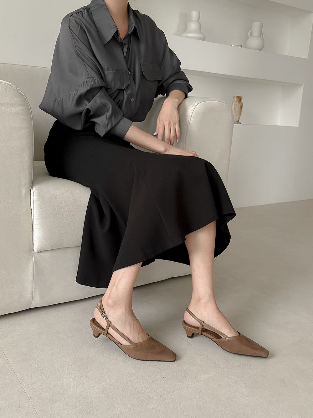 秋冬絨面Slingback pumps (踭高4cm)