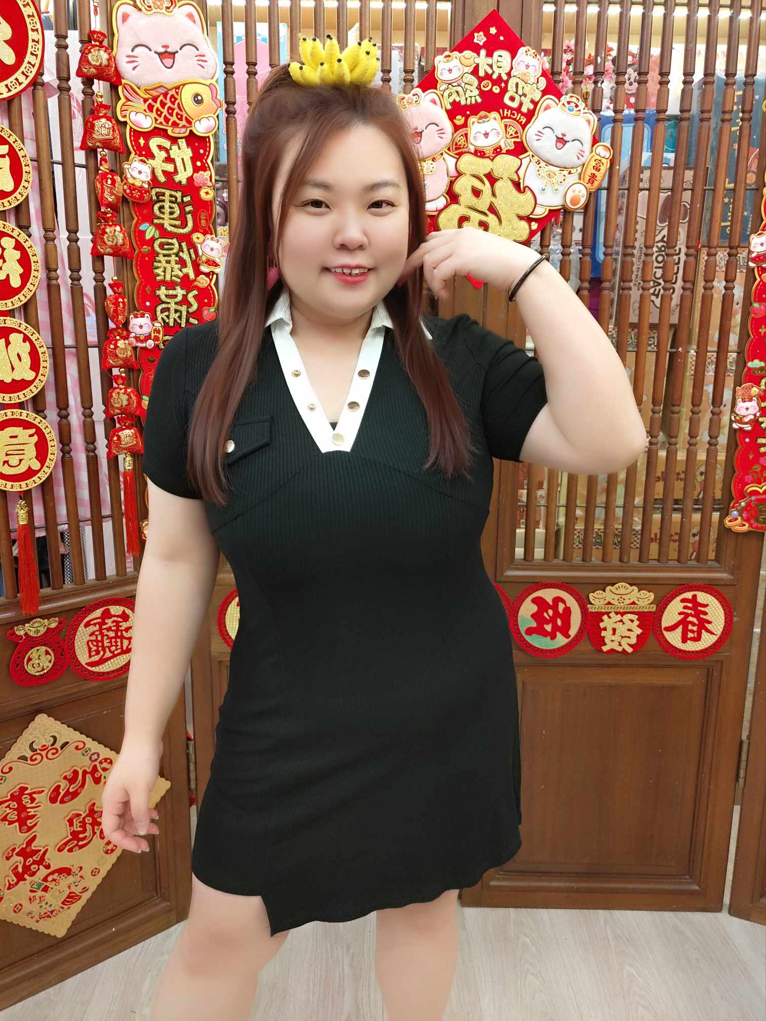 NBC14 TW#3535 V领金纽显瘦连衣裙