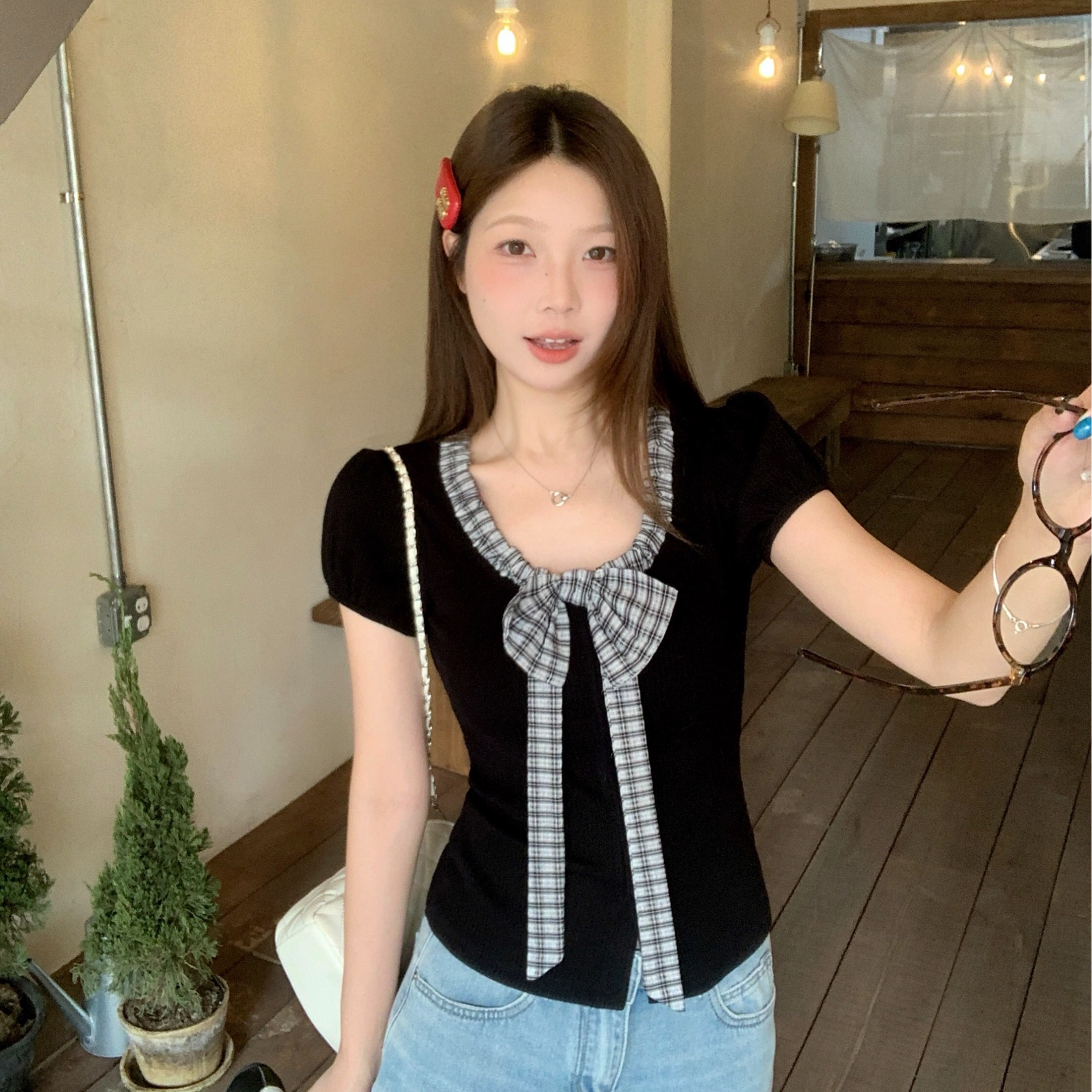 B173(9030) 韩系温柔甜美风领边褶皱格纹立体蝴蝶结灰黑上衣