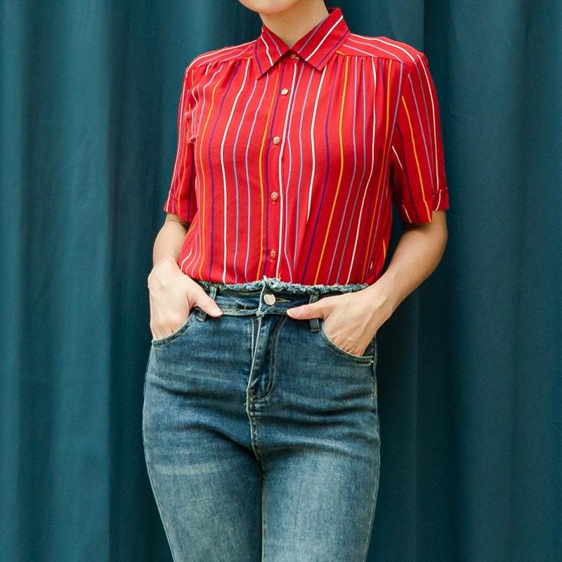 Vintage Japanese An kyara Red and Striped Pattern Chiffon Shirt/Blouse（MT1606-17)