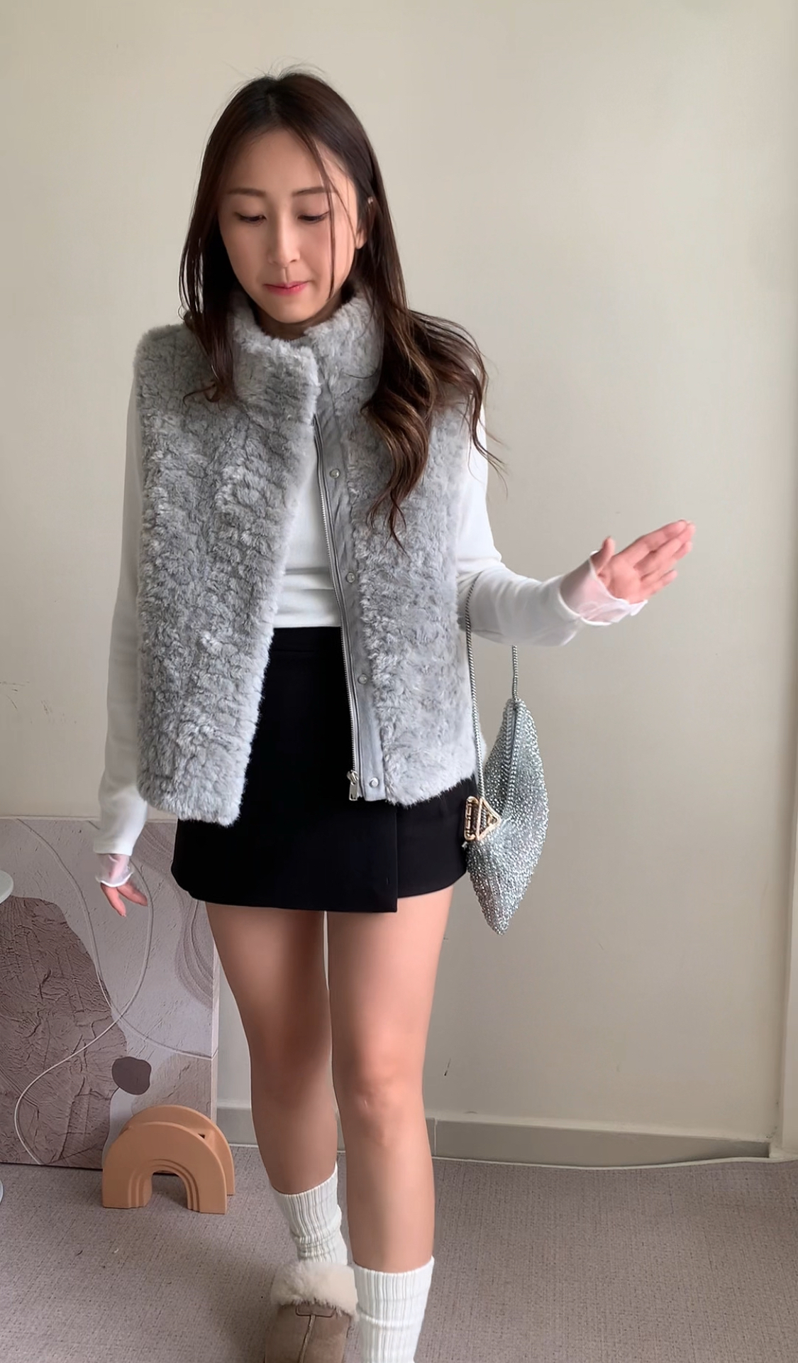 企領毛毛背心-灰藍色