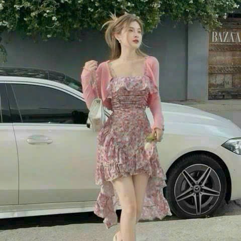 碎花洋裝搭配開襟衫两件套