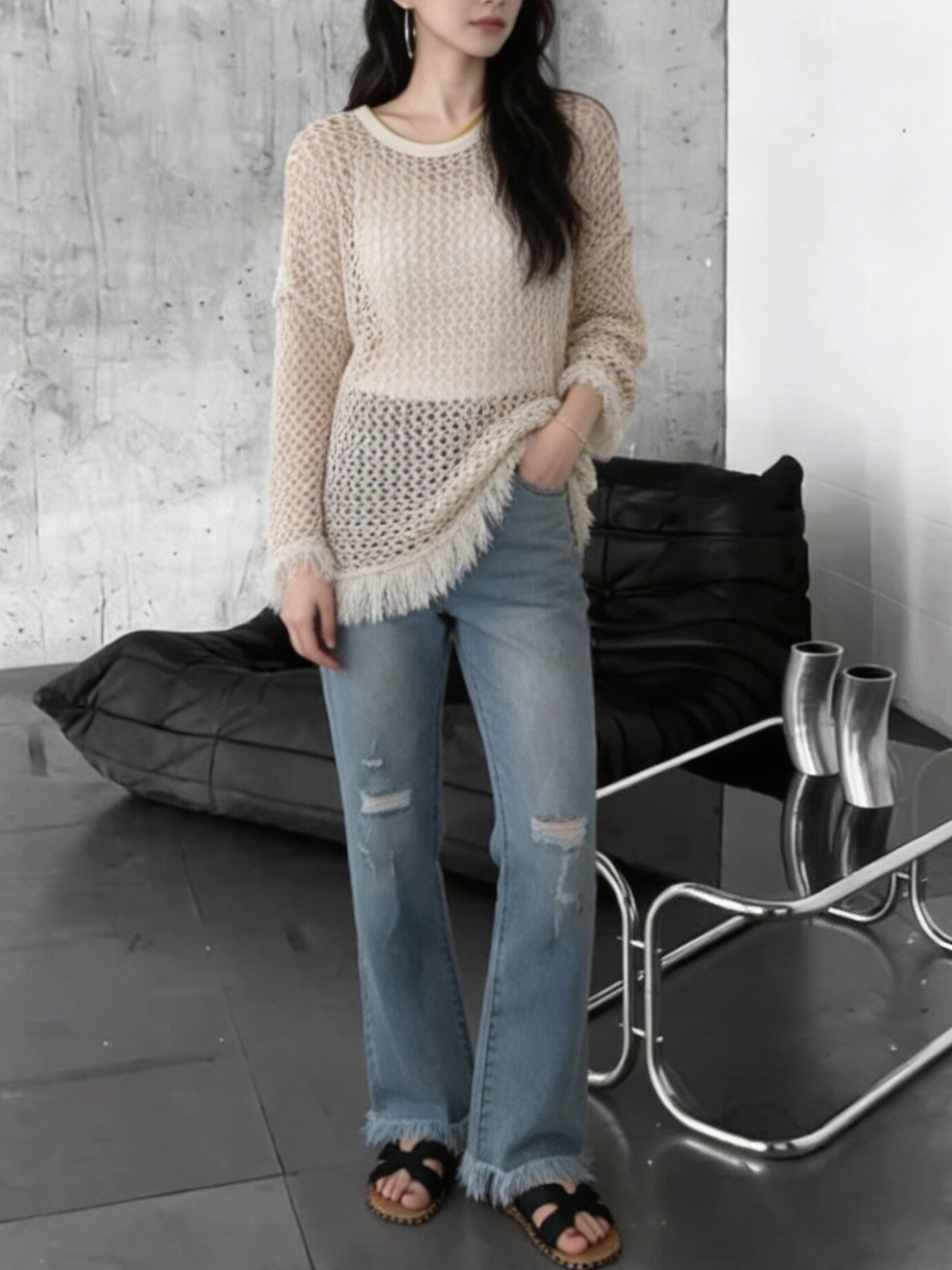 米白色鏤空流蘇針織上衣