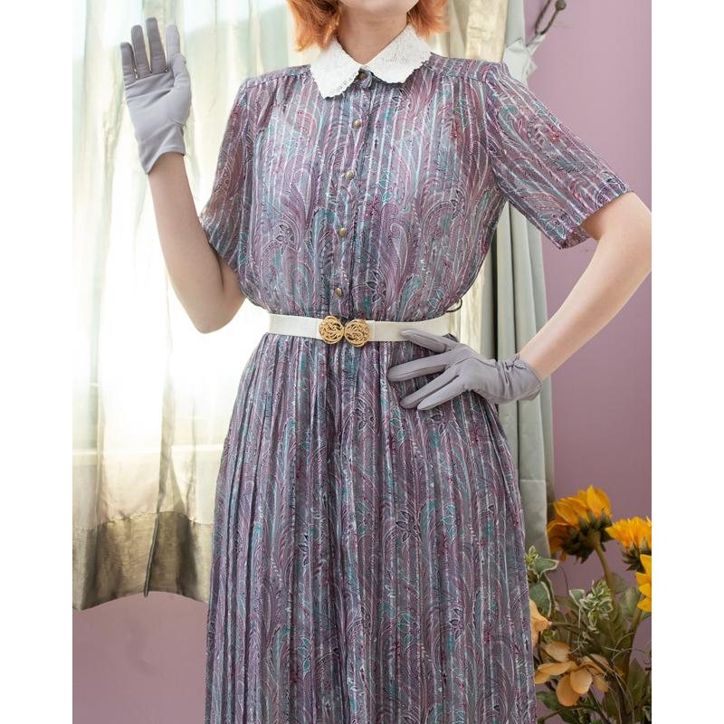 Vintage Japanese Paisley Pattern White Lace Collar Shirt Dress Pleated Summer Dress(MT2068)