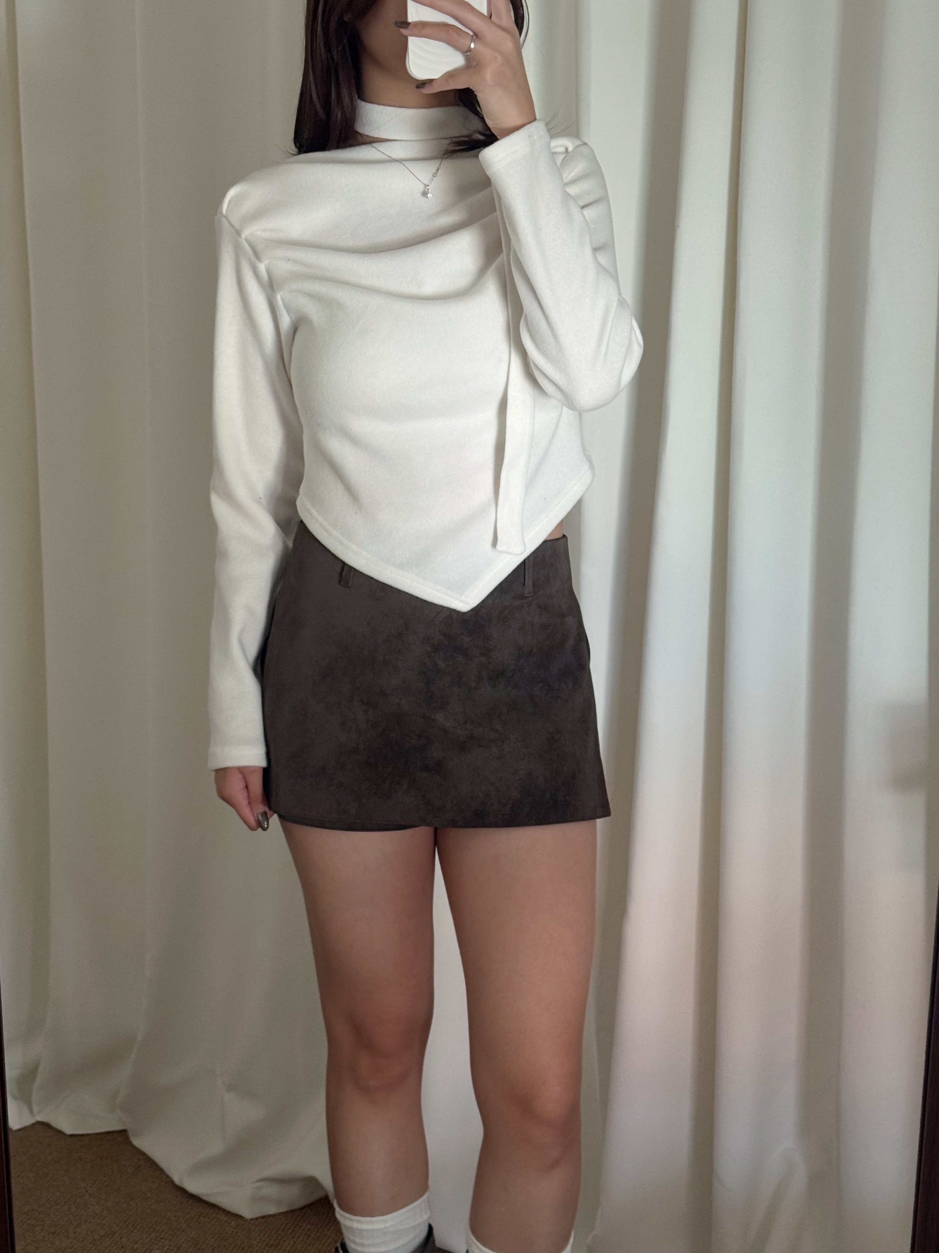 皺皺毛呢頸帶長袖上衣(四色入)