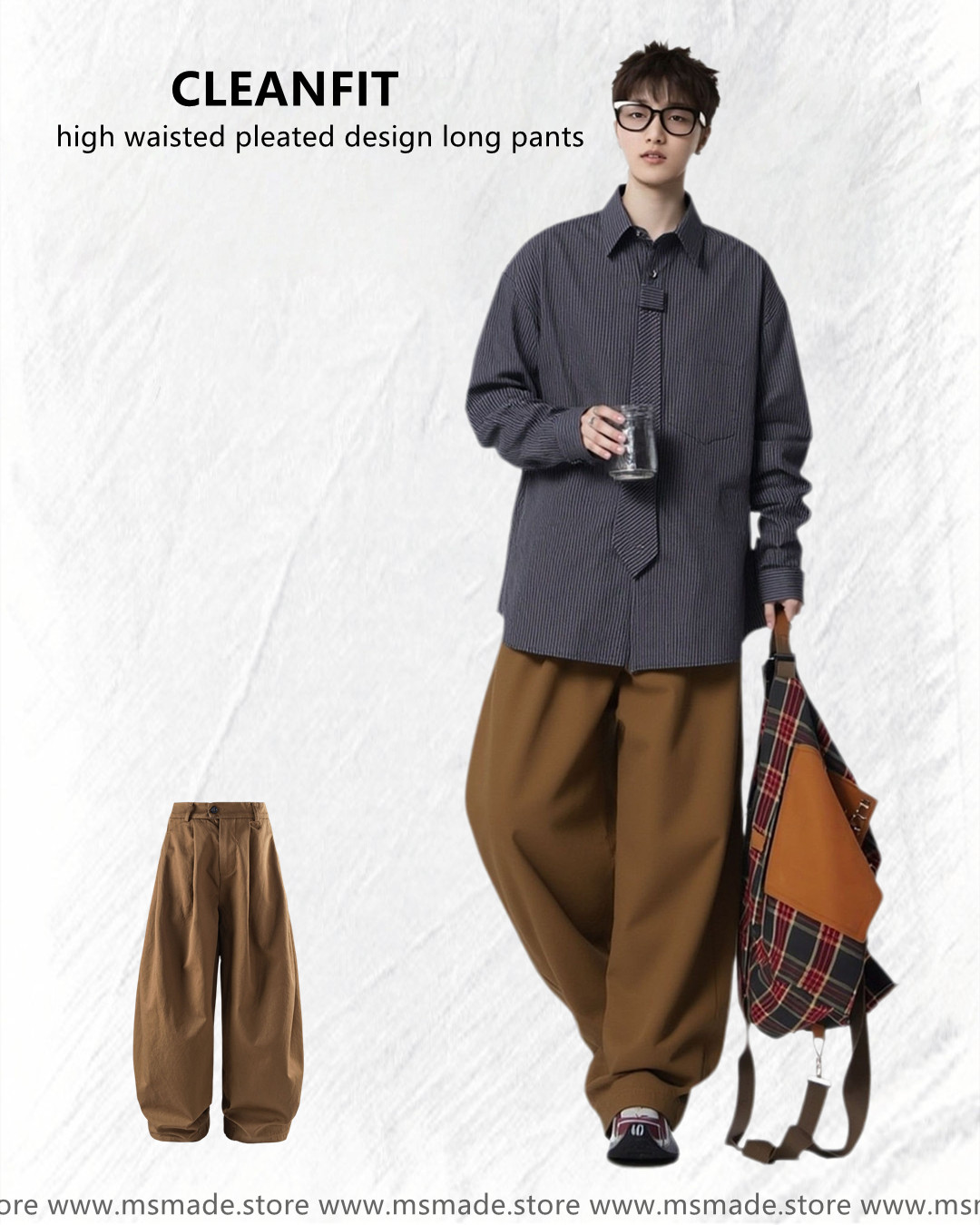 M2538高腰皺褶設計感落地褲