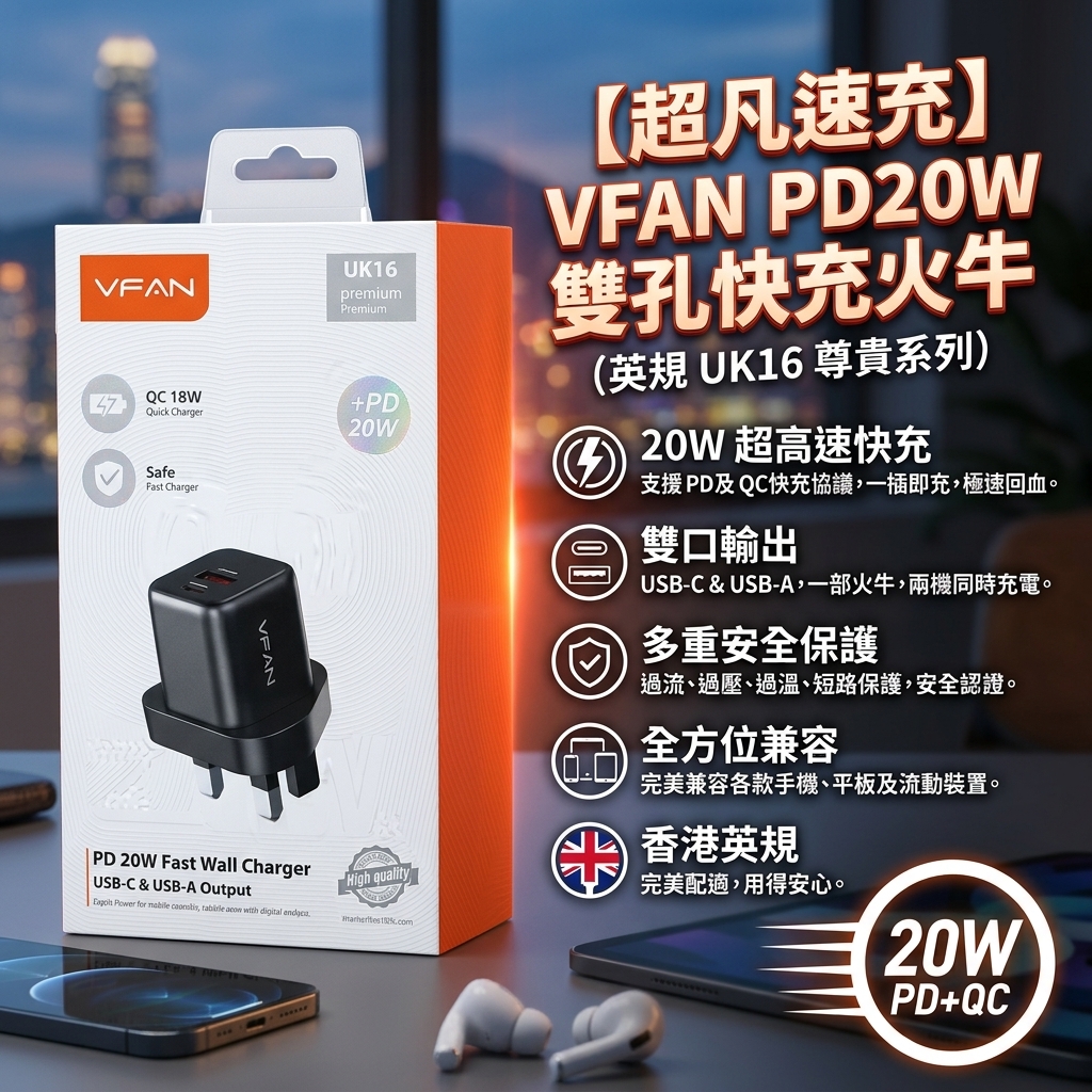 🔌 VFAN 20W USB-A + Type-C 雙口 PD 快充火牛 ⚡✨