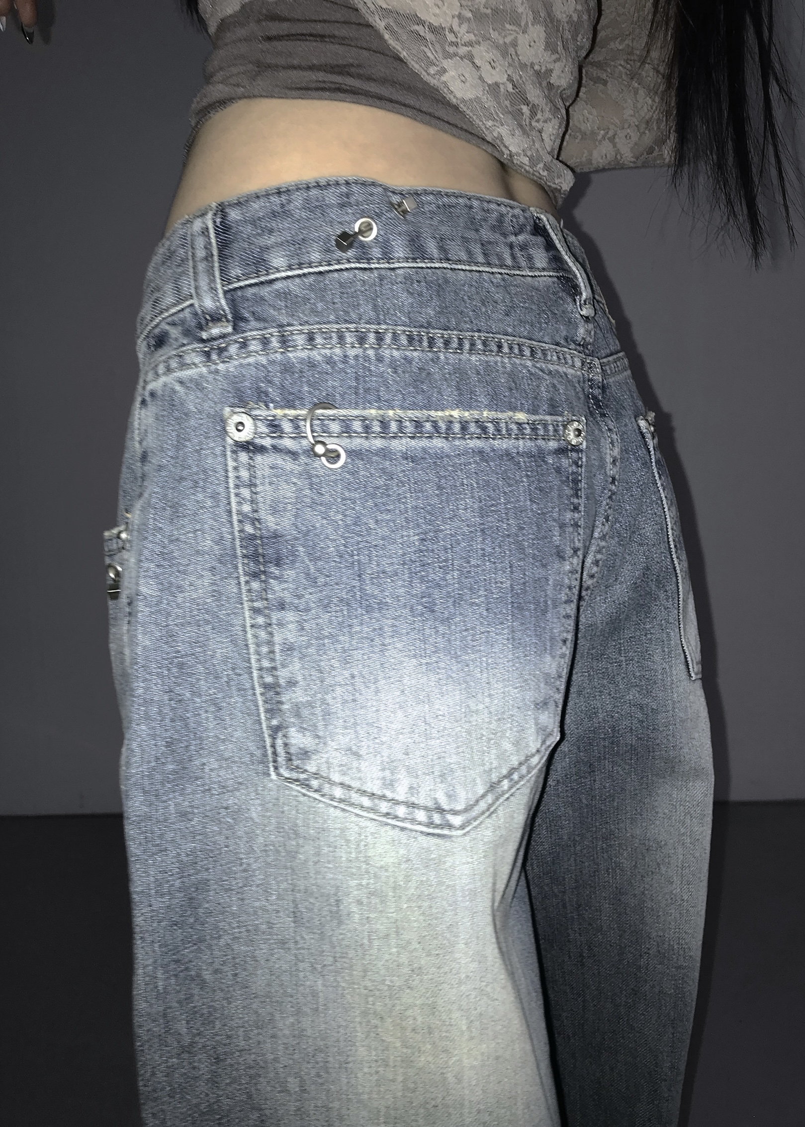 Metal Hook Washed Wide-Leg Denim
