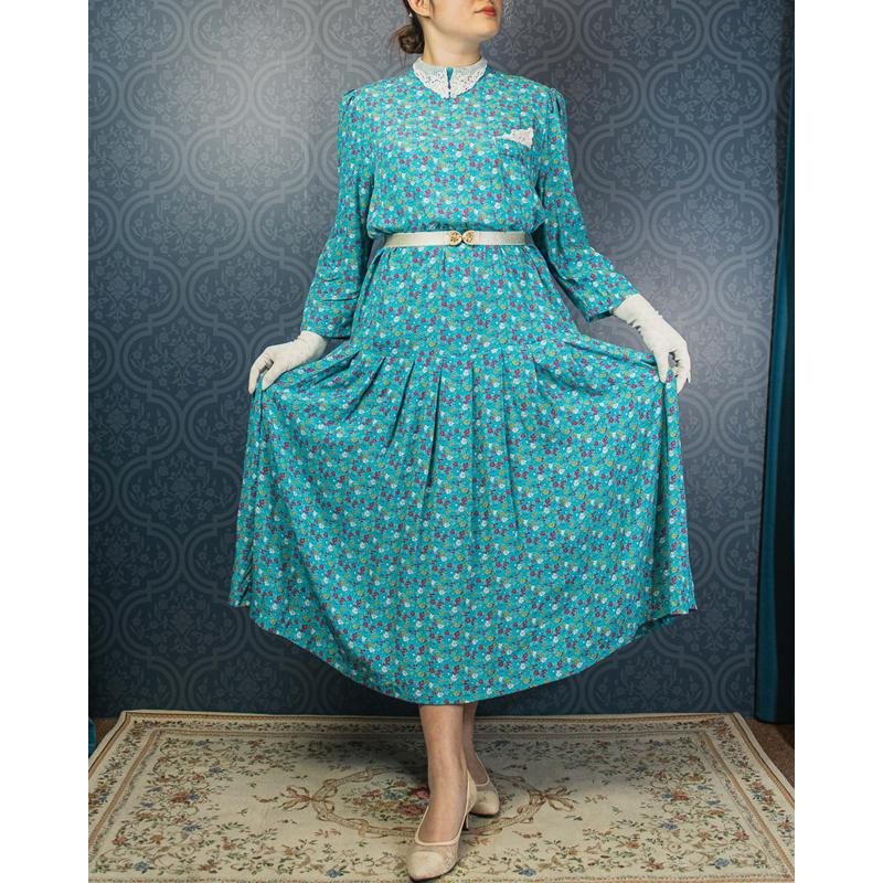 C.a. 1980s Karin Stevens Scattered Floral Pattern Turquoise Low Waist Dress with low Waist collar - Plus Size(MU103-10)