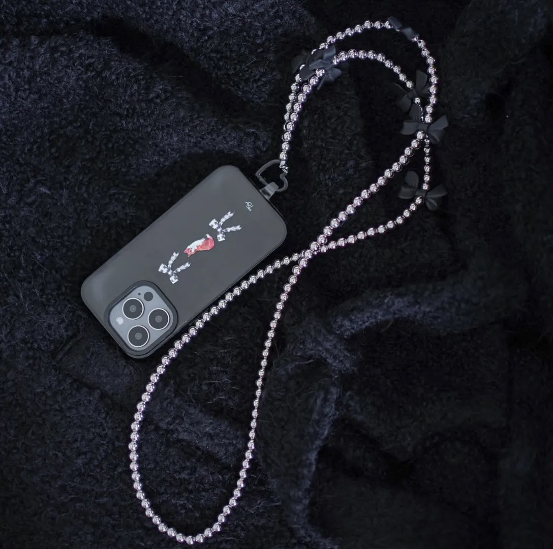 Long Phone Strap Set｜Silver Beads with Black Ribbon