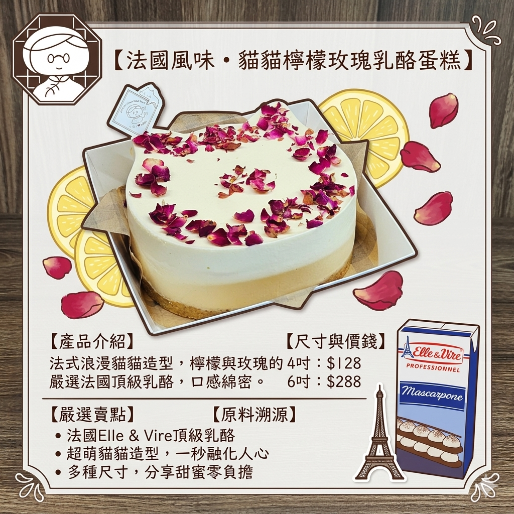 阿嫲｜檸檬玫瑰貓貓 慕斯蛋糕｜法國頂級乳酪