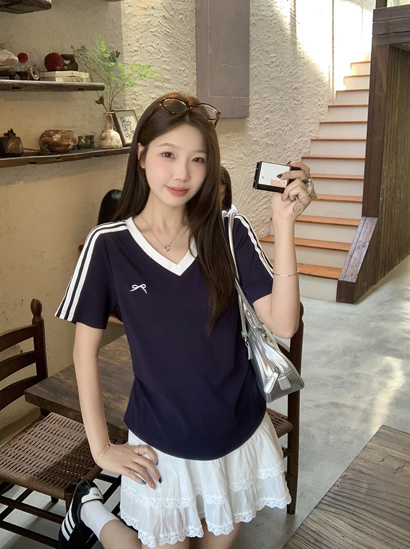 B445(36968) 美式撞色V领肩袖条纹蝴蝶结印花5色上衣