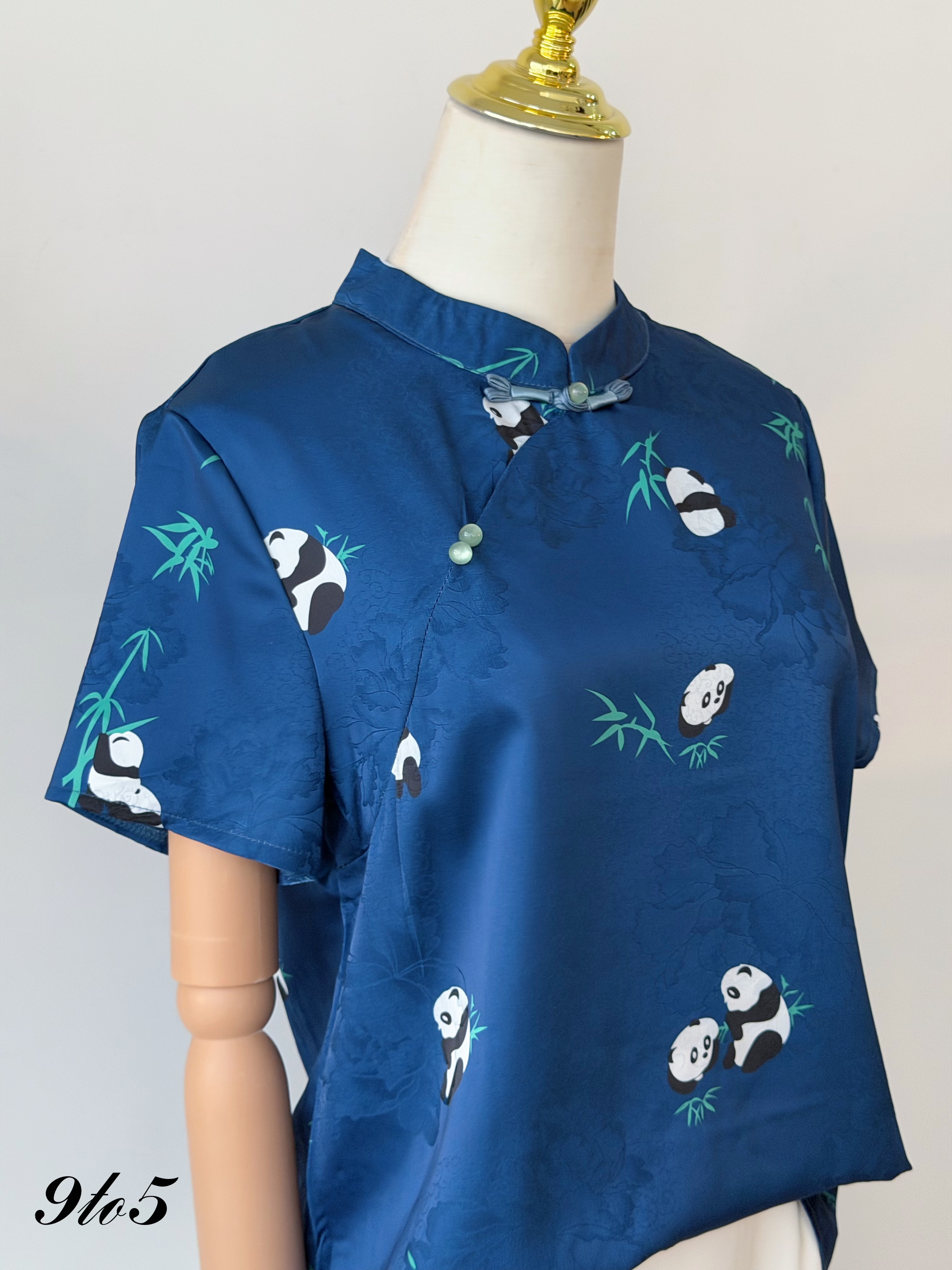 T4488 Short Sleeve Panda Cheongsam Top - Blue