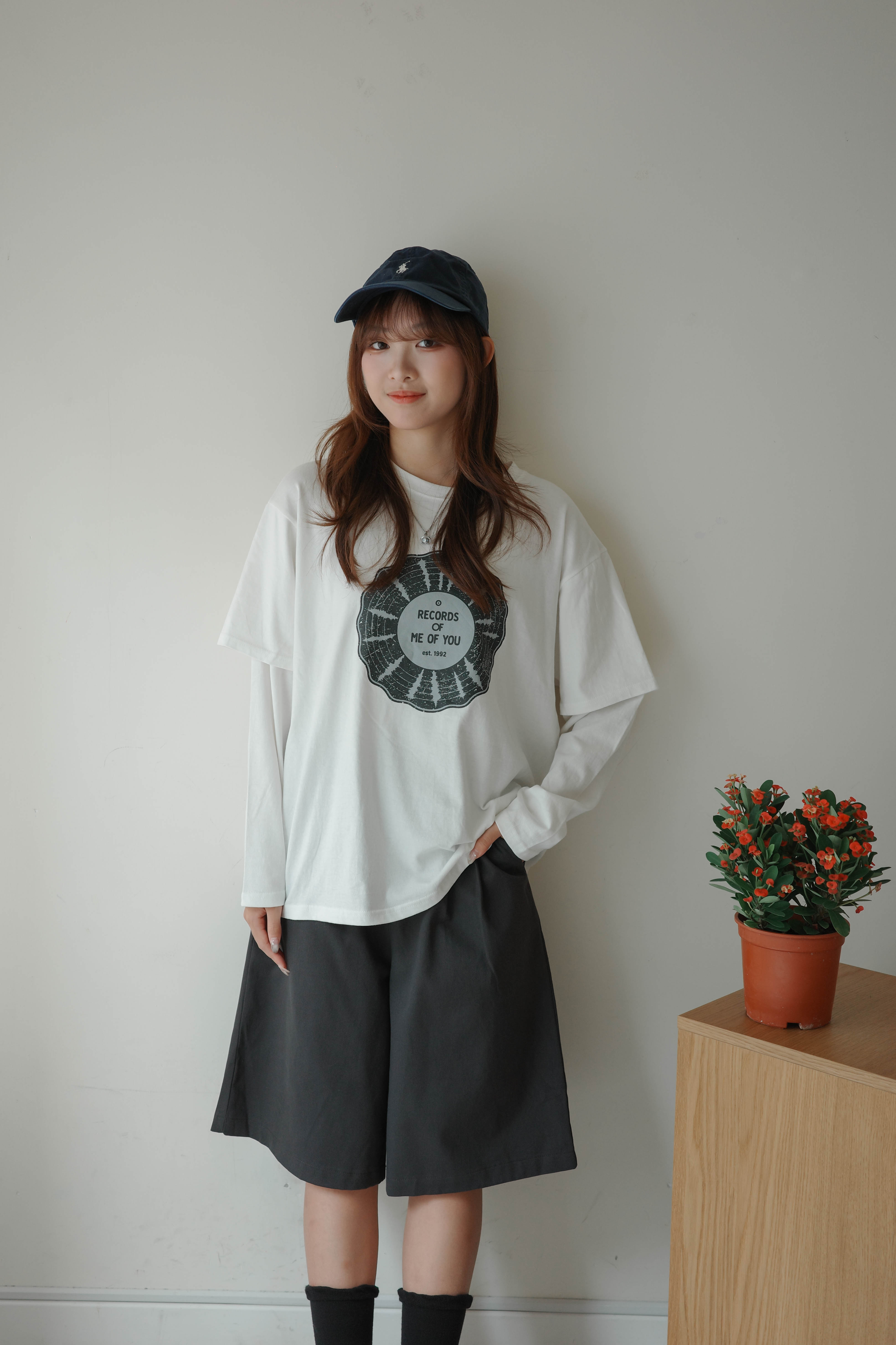 假兩件長短袖寬鬆Logo Tee (兩色)