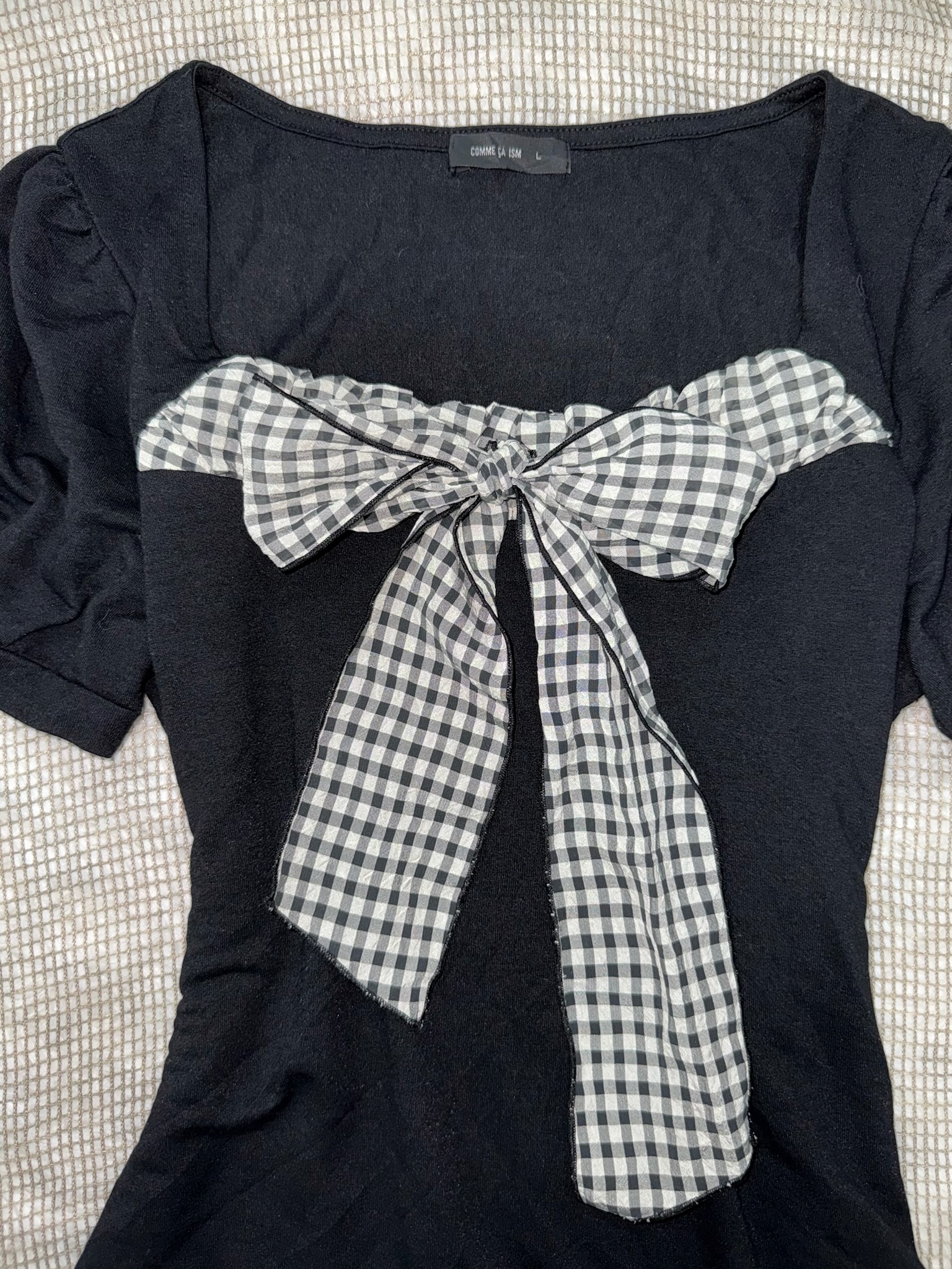 Gingham Bow Accent Puff Sleeve Top