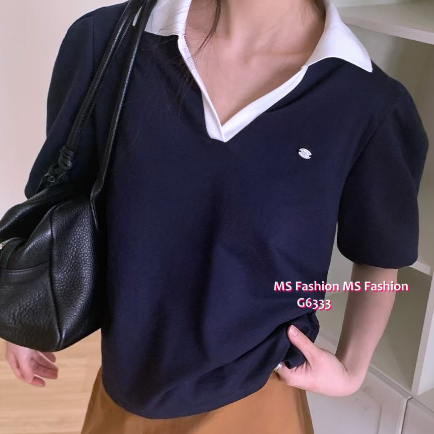 G6333 反領V領拼色top
