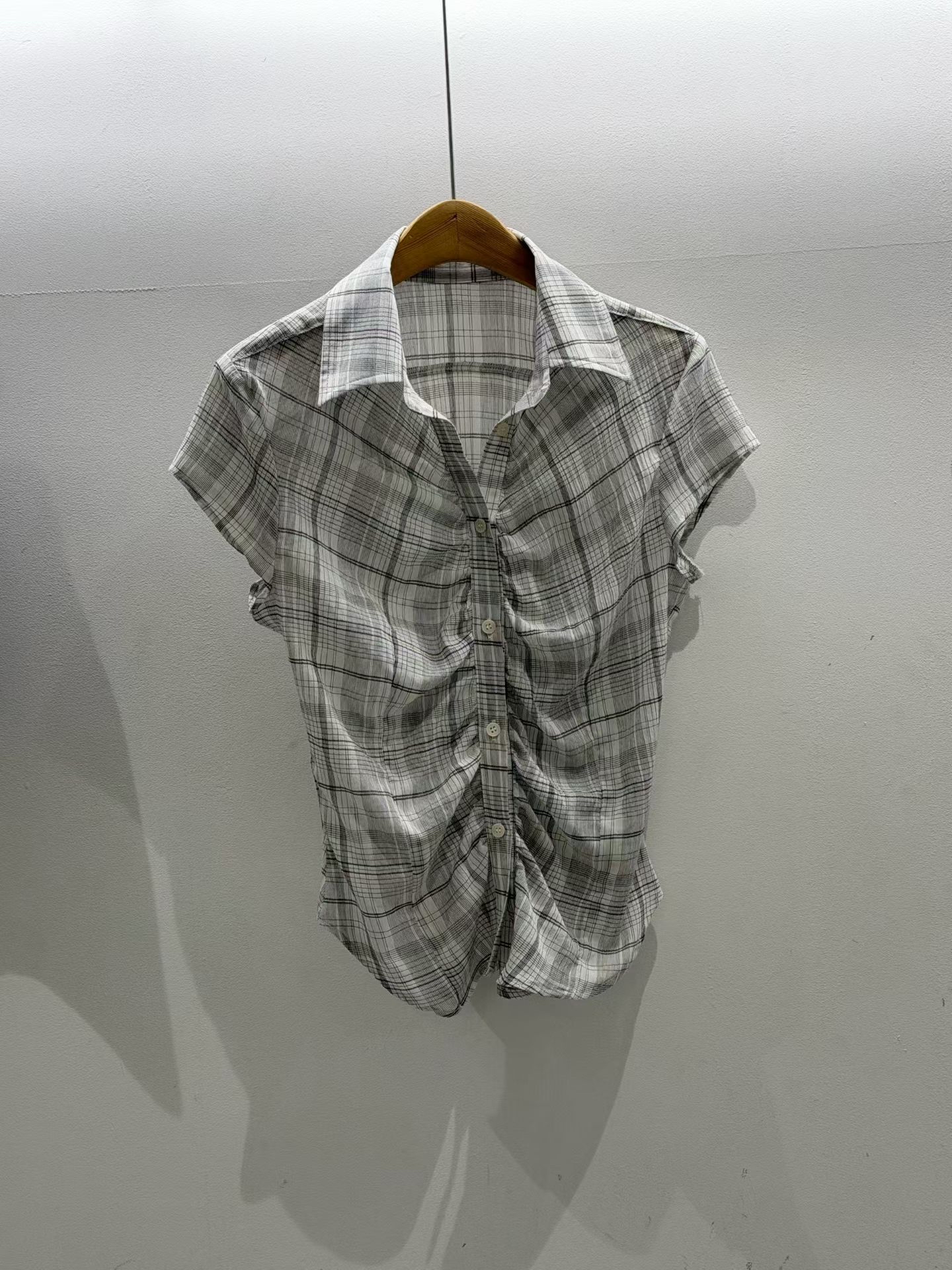 Plaid Shirred Button-Up Blouse