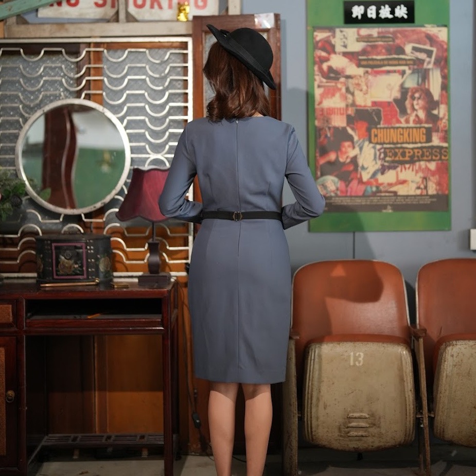 (Ready Made) 1950s Inspired Two-Tone Linear Highlight Wiggle Dress - Grey x Black (FM201)