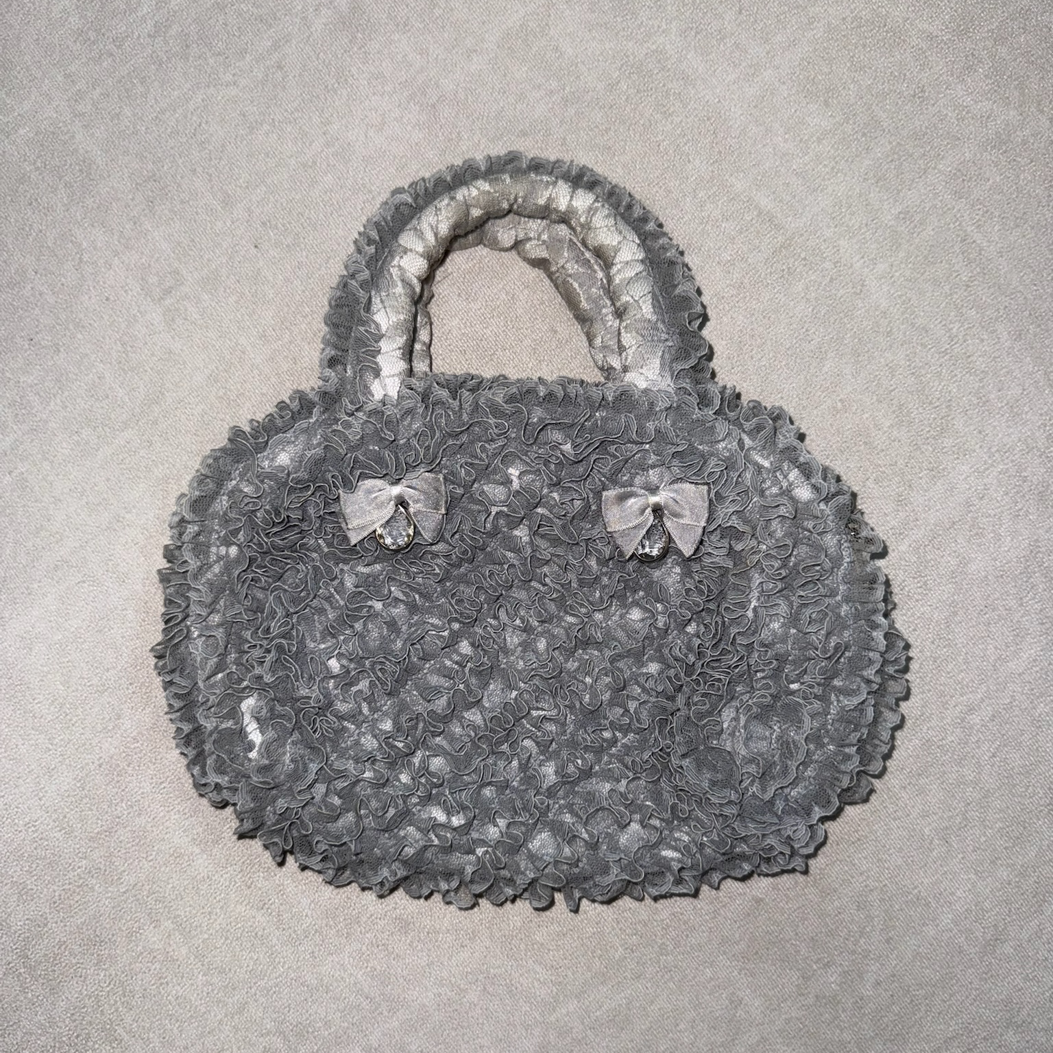 Blue Chenille Bow-Adorned Ruffle Bag