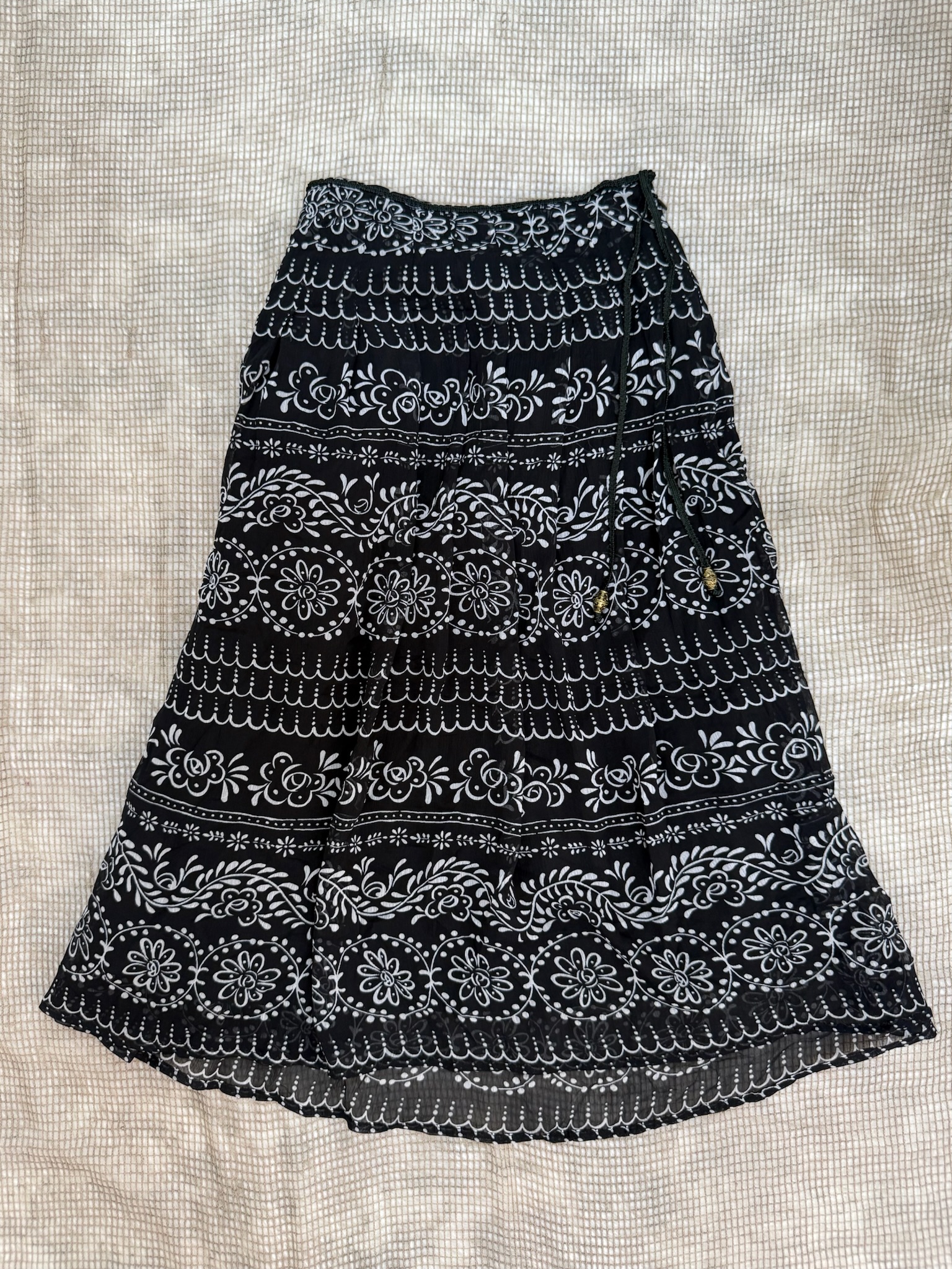 Boho Chic Black and White Mandala Pattern Tiered Chiffon Skirt