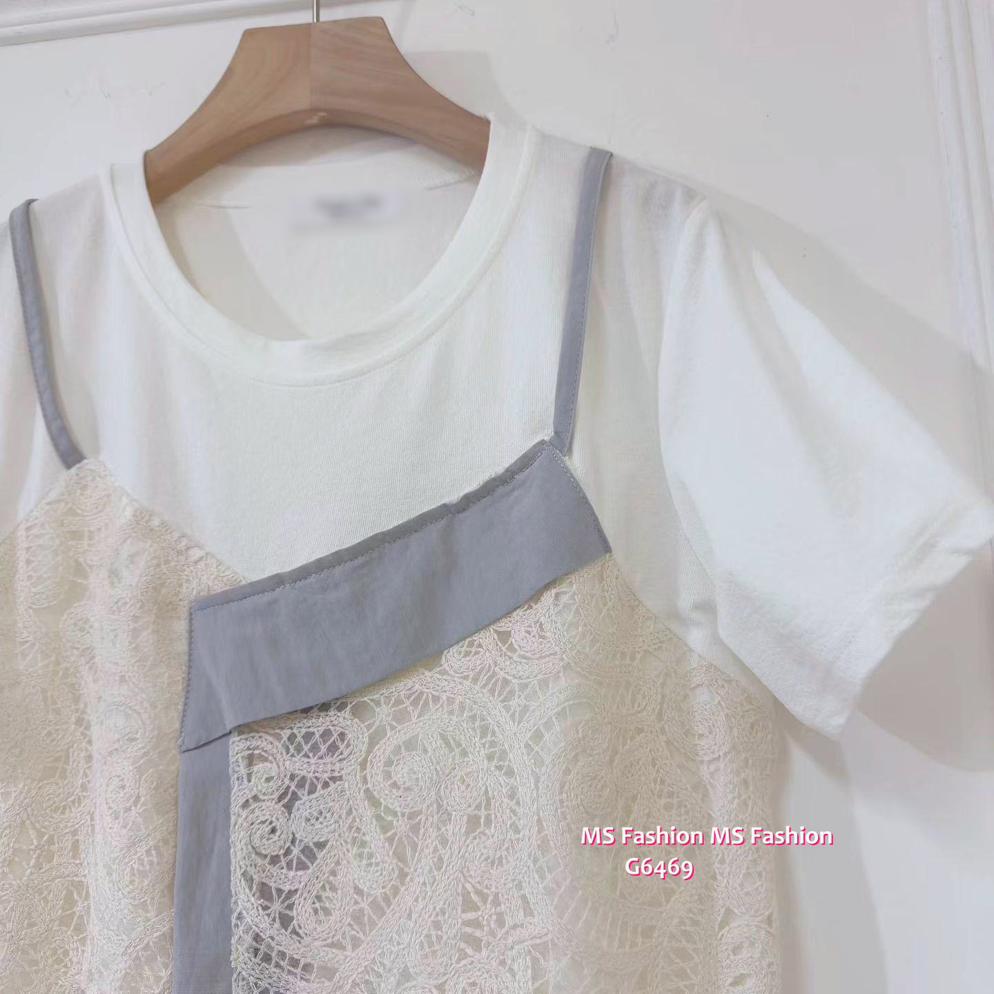 G6469 假兩件拼lace top