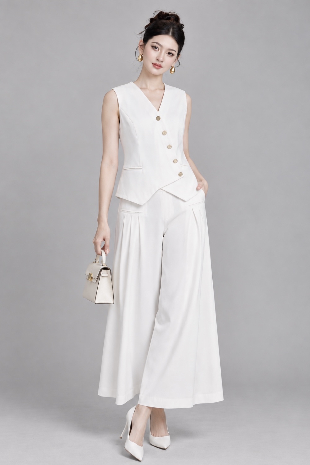 210603+210603-1 Asymmetric Button Vest & Wide-Leg Pants Set