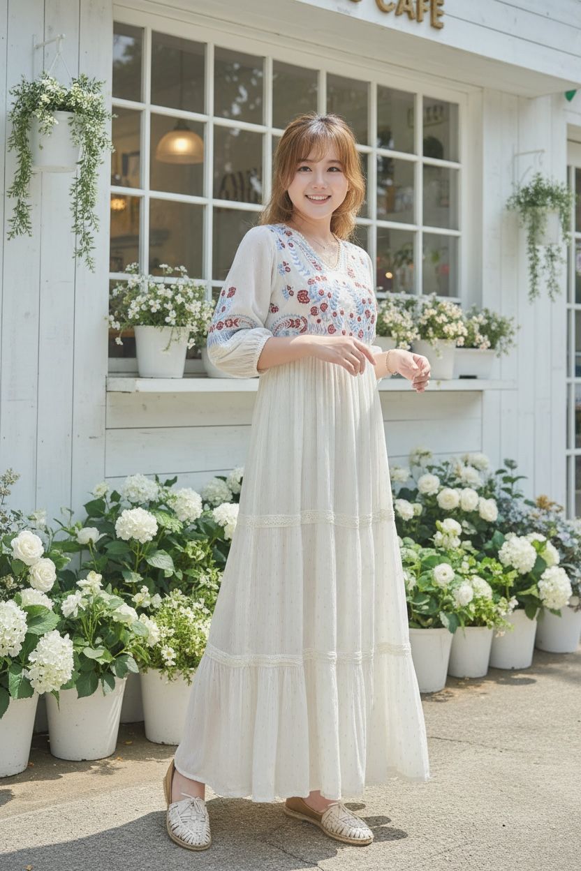 2113 Pure White V  Neck Floral Emb OP 53"