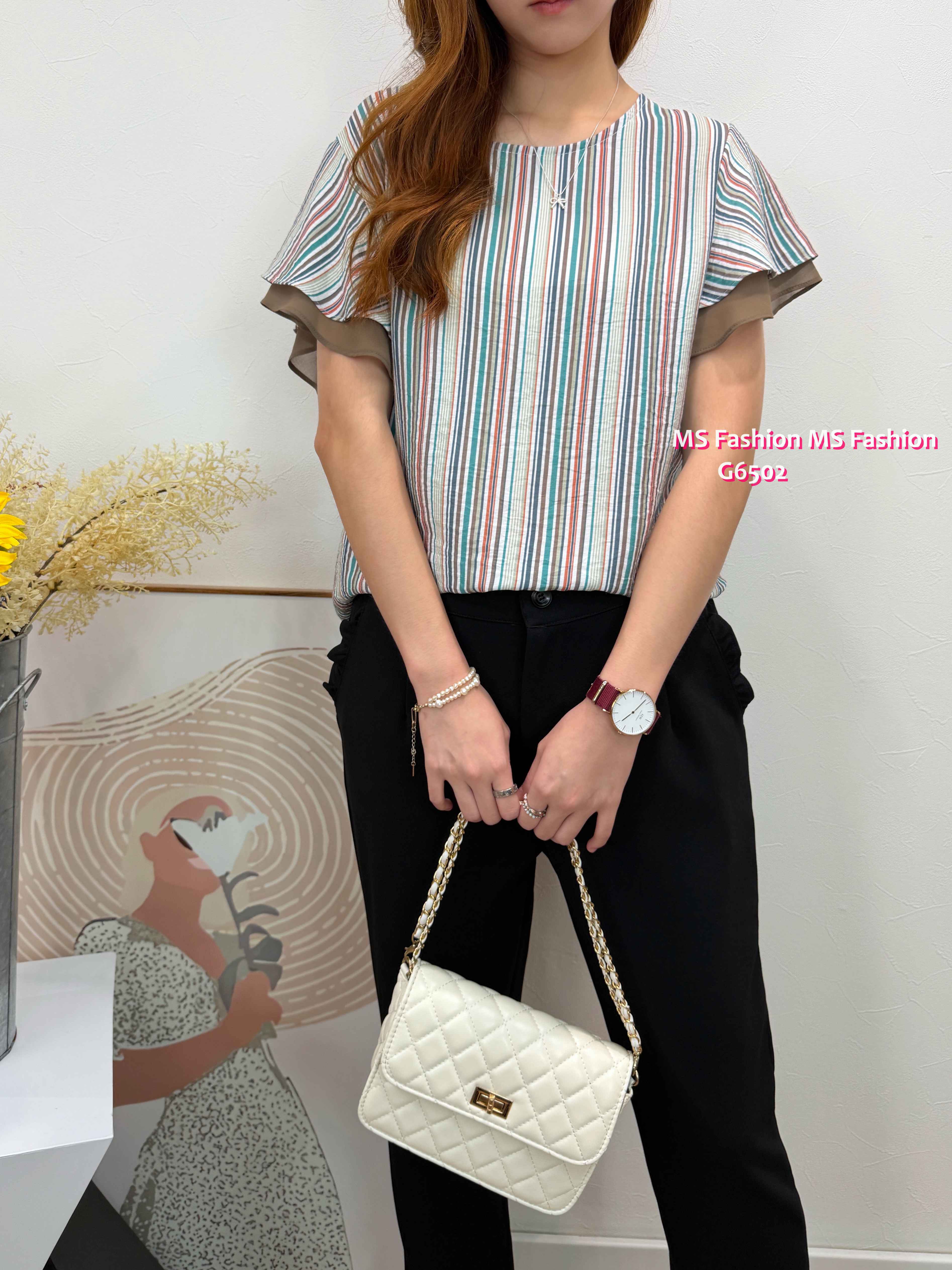 G6502 靚色條子ruffle袖top