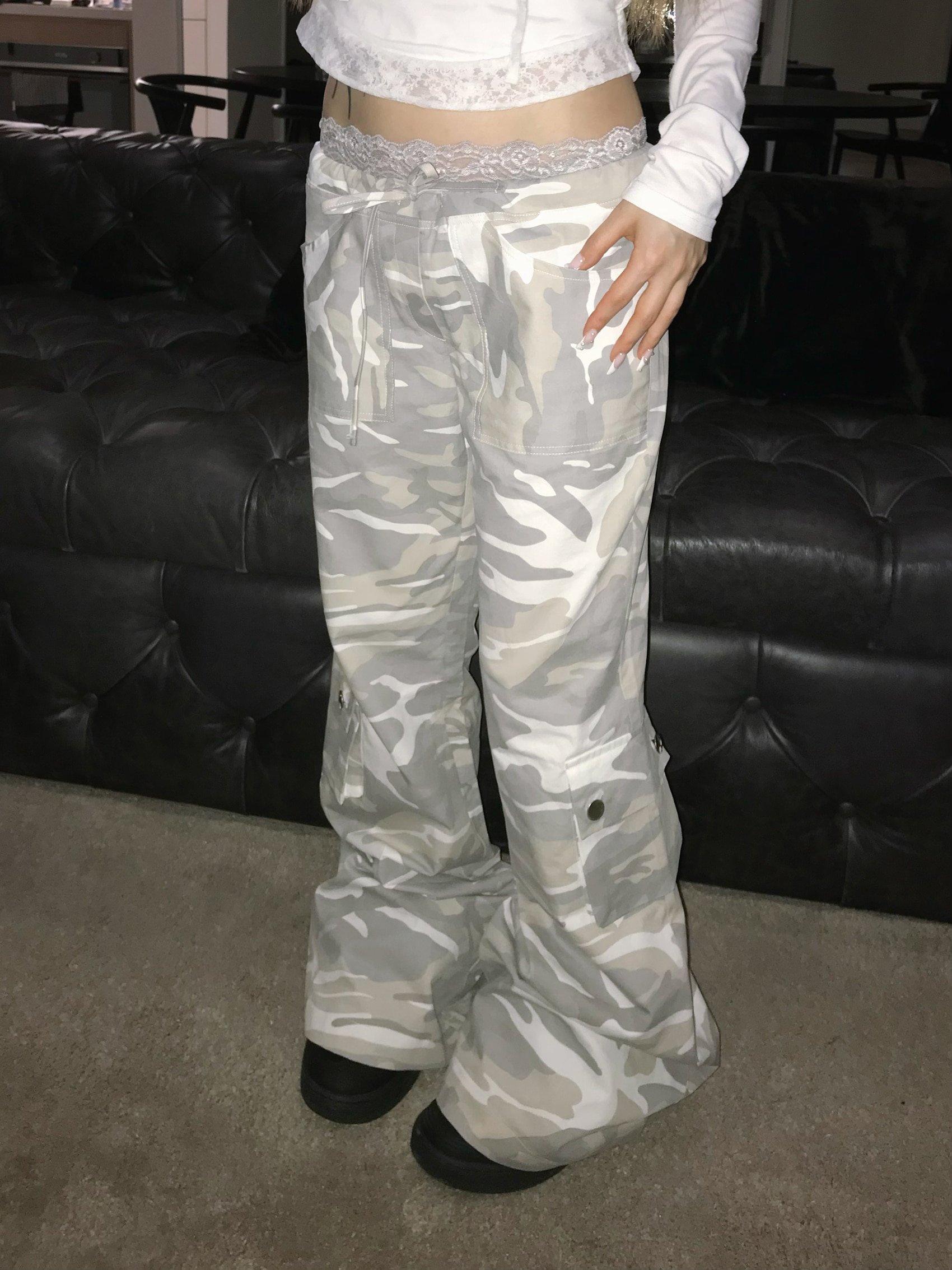 Camo Low-Rise Flare Cargo Pants