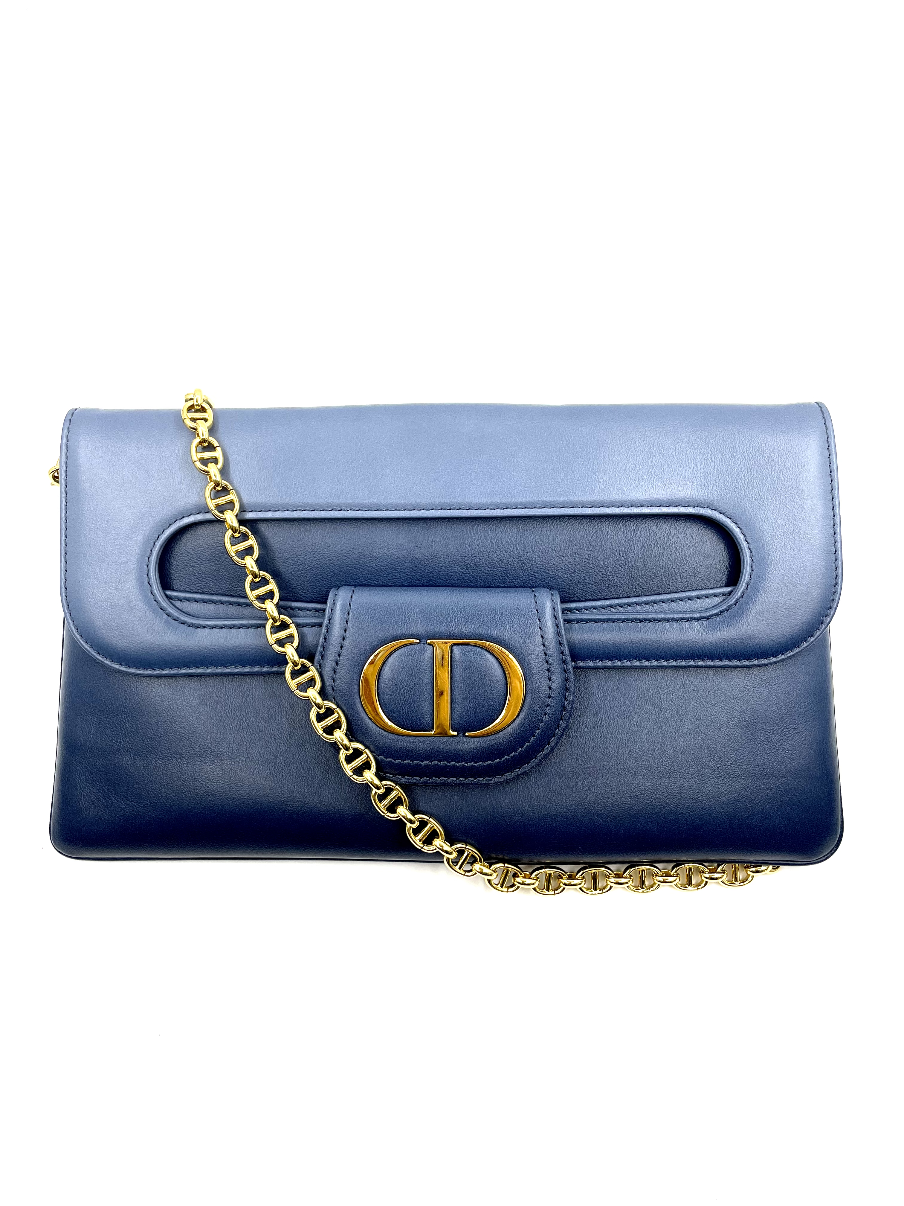 Pre-owned CHRISTIAN DIOR Smooth Calfskin Medium Diordouble Chain Bag Indigo Blue