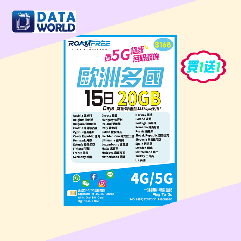 【買1送1優惠】Roamfree X 3HK 4G/5G 歐洲多國15日20GB無限數據卡 x2