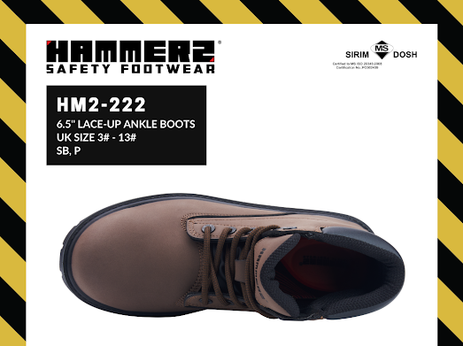 HAMMER 2 SAFETY FOOTWEAR HM2-222 6.5'' Lace-Up Ankle Boots METAL FREE SIRIM and DOSH Approved Shoes Kasut Kasut Keselamatan
