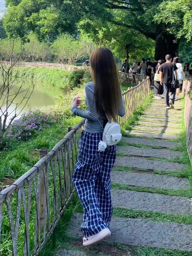 B217(5077) 韩系休闲慵懒风格纹松紧腰蓝直筒长裤