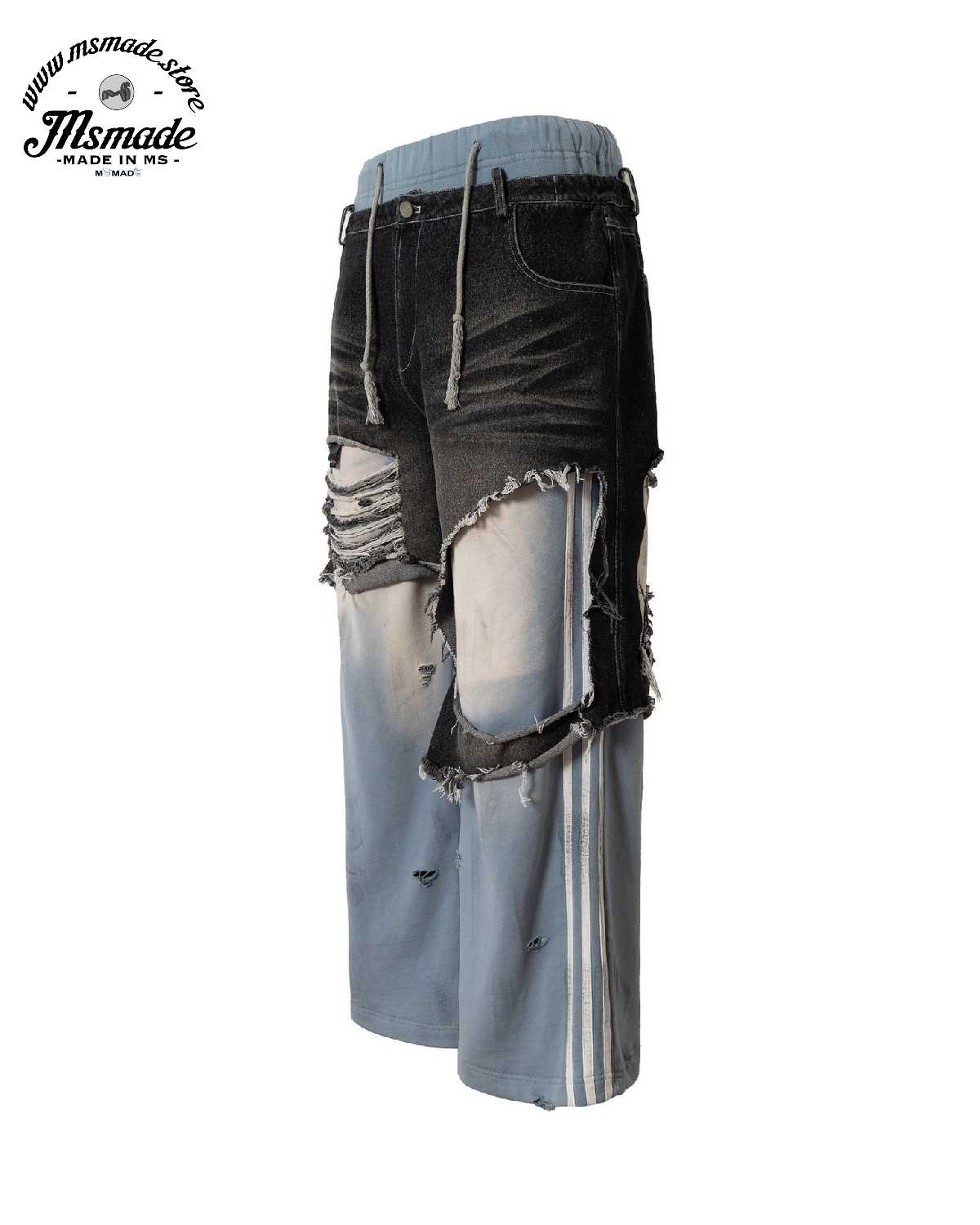 M022拼接牛仔撞色假兩件喇叭褲