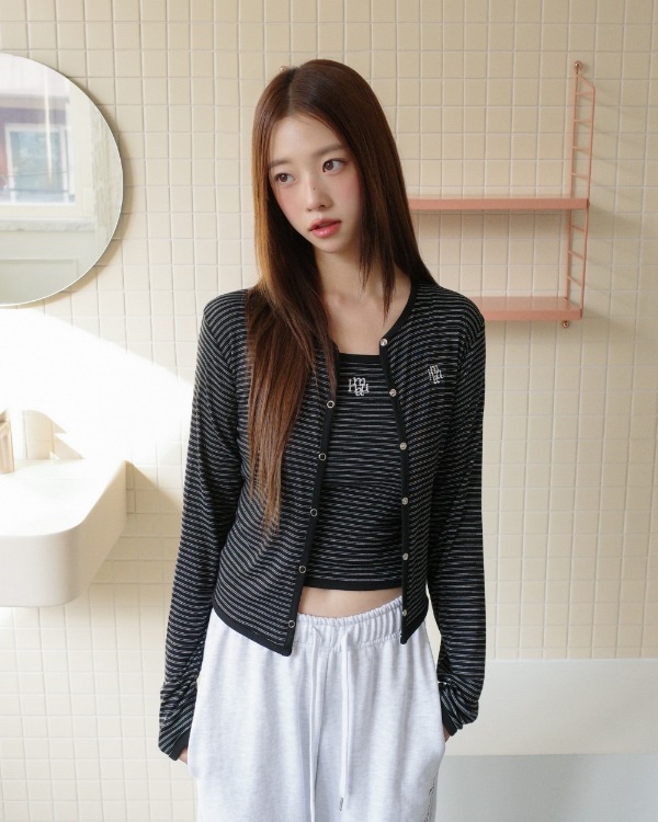 MuahMuah STRIPE CONTRAST SLEEVELESS CARDIGAN SET