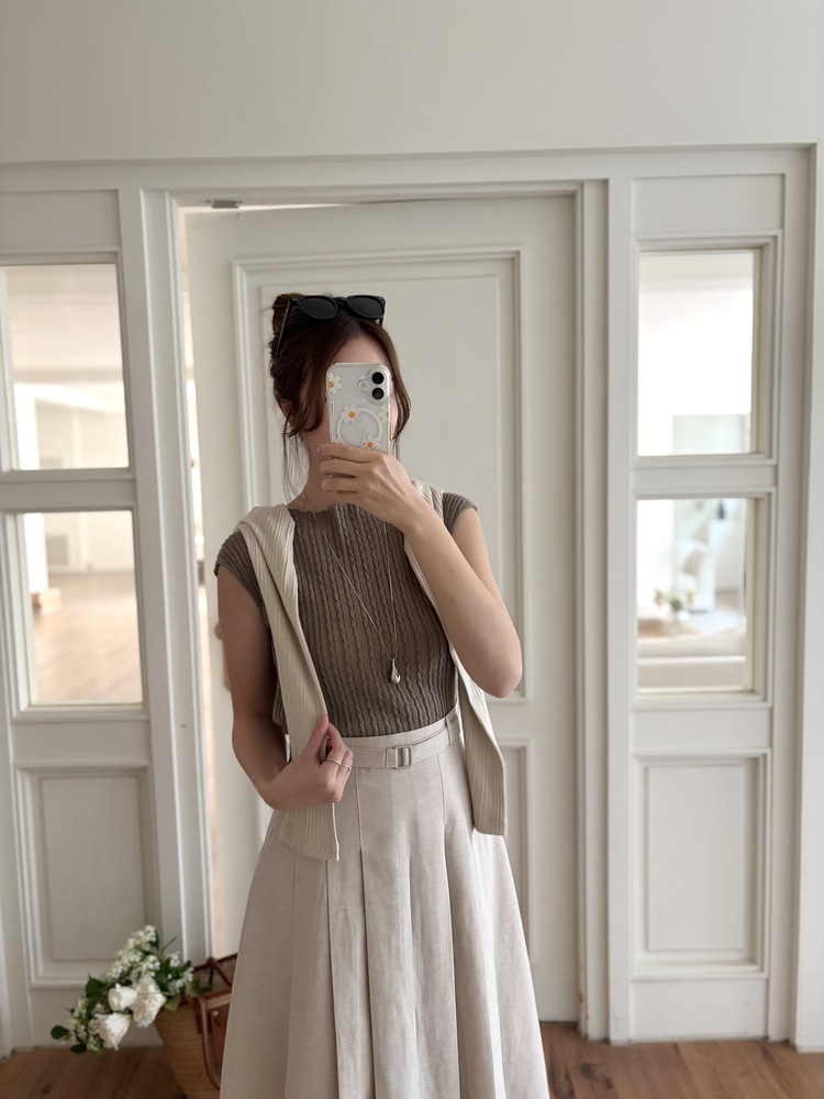 Linen Blend Pleated Skirt (Oat)