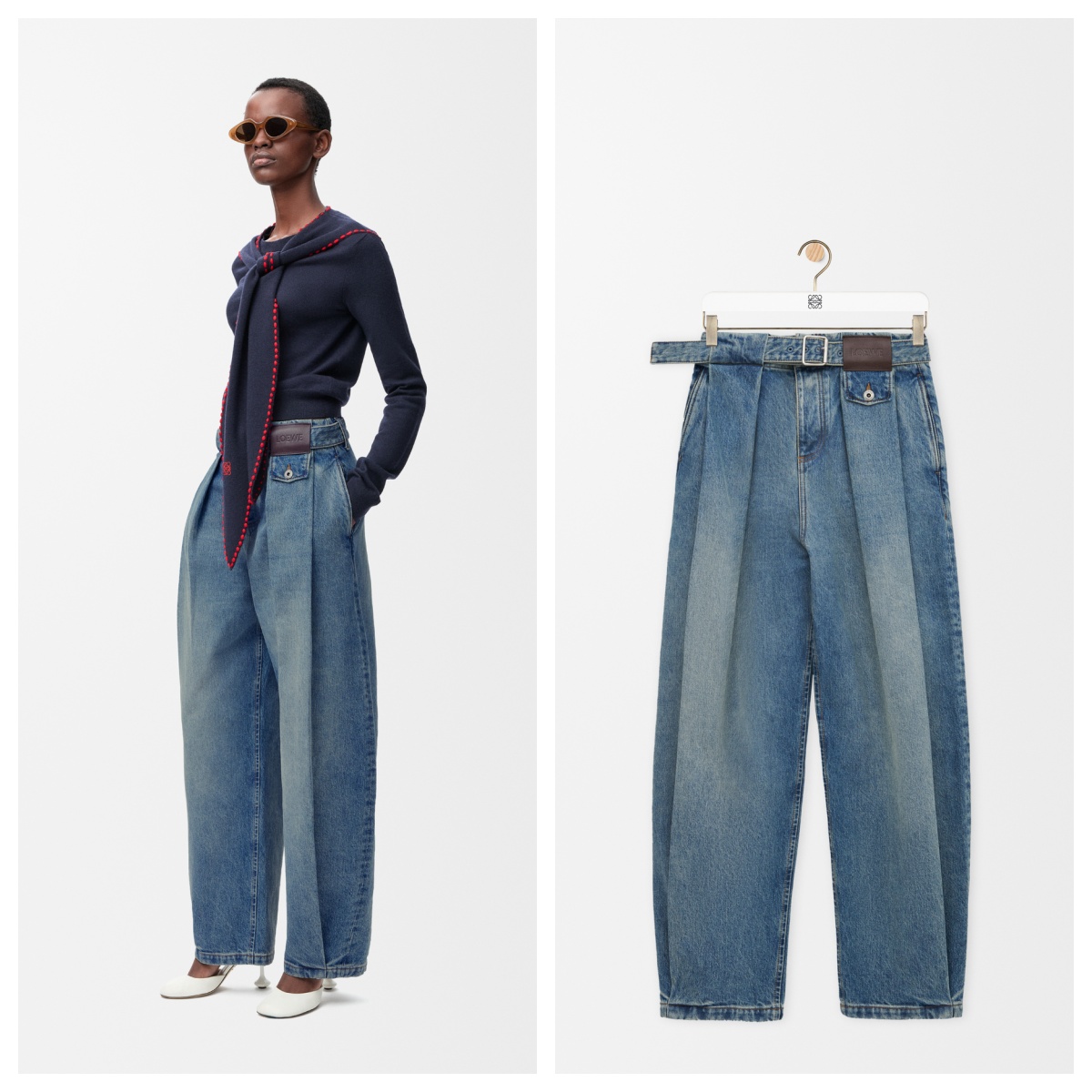 LOEWE 褶皺腰帶闊腿牛仔褲