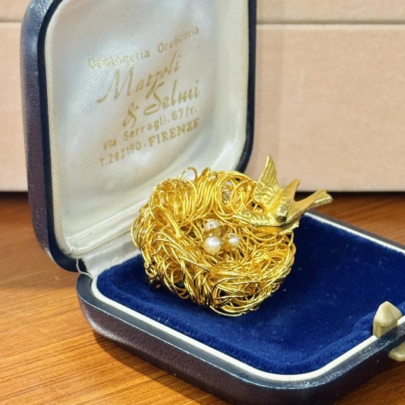 Vintage Wired Bird Nest with Pearl Egg Brooch (C055)