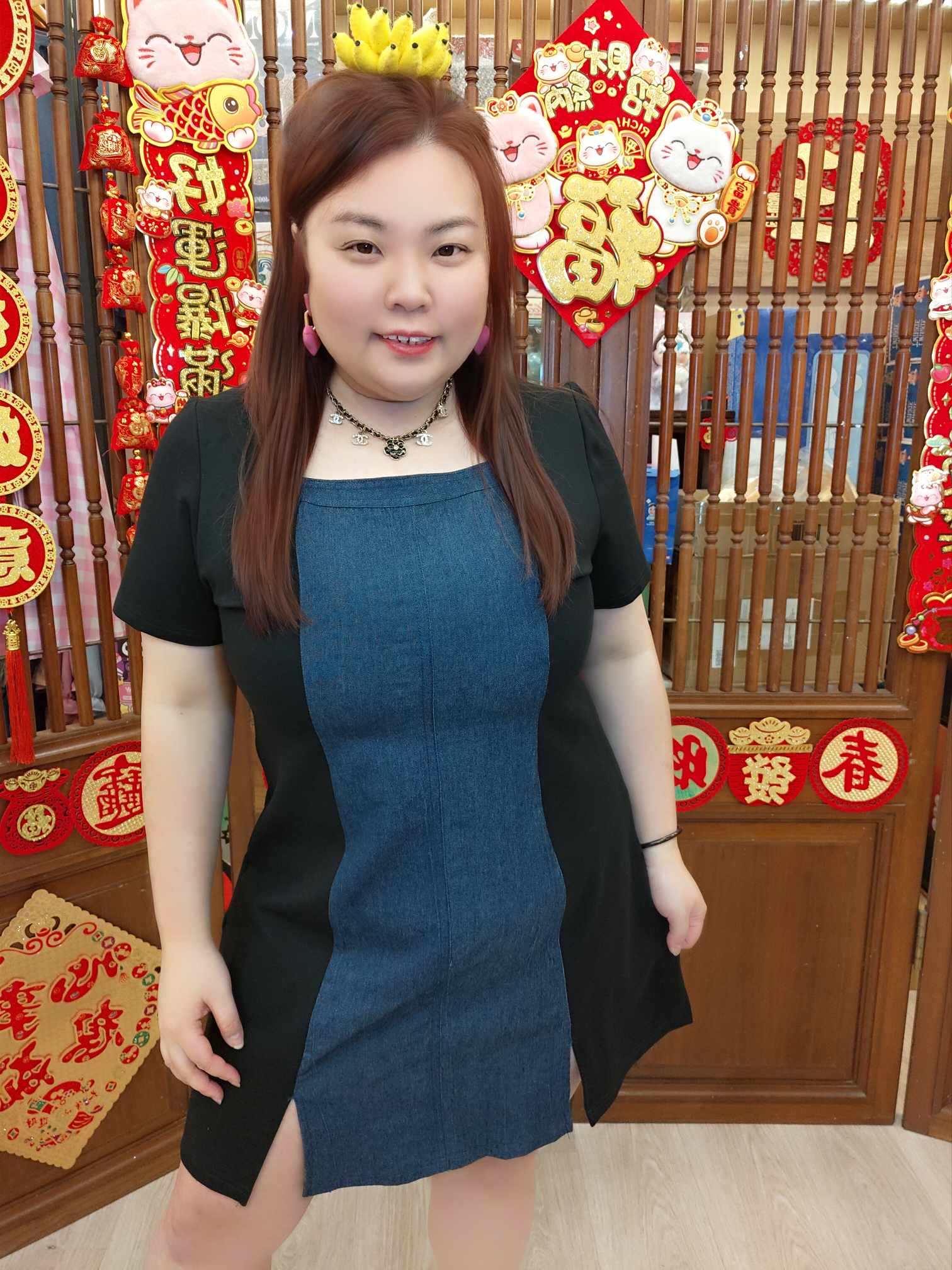 OTD10 TW#5220 拼牛仔四方领开叉连衣裙