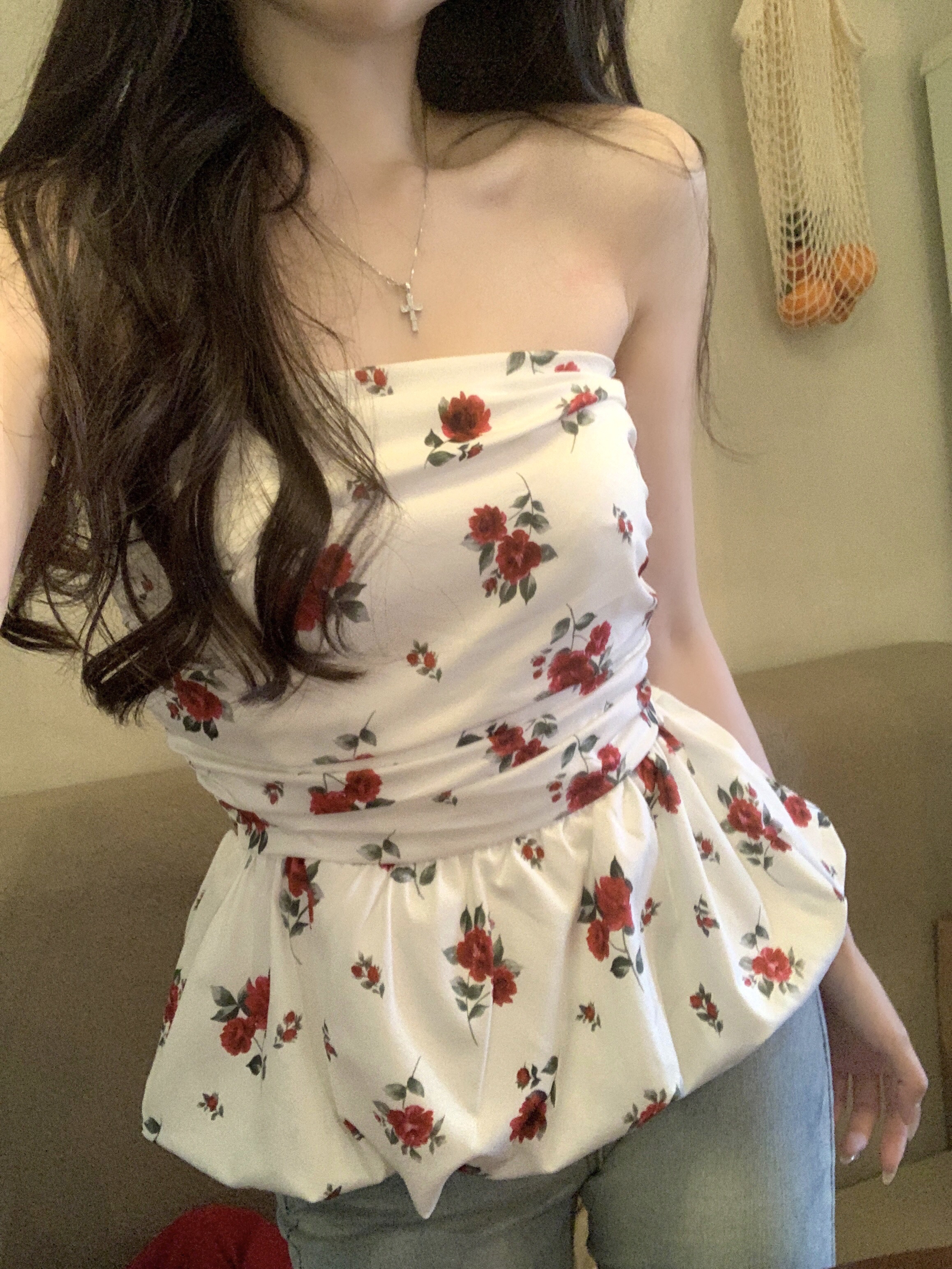 B193(5036) 韩系复古碎花下摆花苞边抹胸上衣与开衫红两件套上衣 