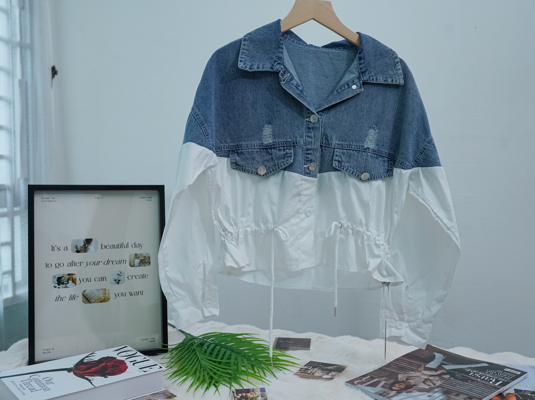 Denim Contrast Drawstring Cropped Casual Top ‖ 牛仔拼接抽绳短版休闲上衣 KR01902901