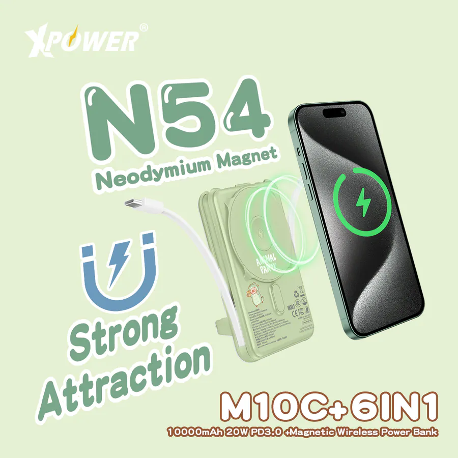 CCC | 3C認證 XPower x 罐頭豬LuLu🐷M10C+ 6合1 10000mAh多功能迷你20W PD3.0+ 磁吸無線快充移動電源
