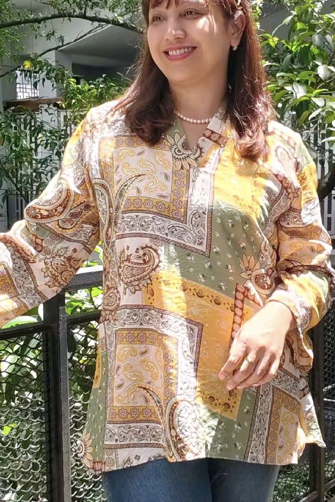 LINEN TOP - Patchwork in Moss Lemon