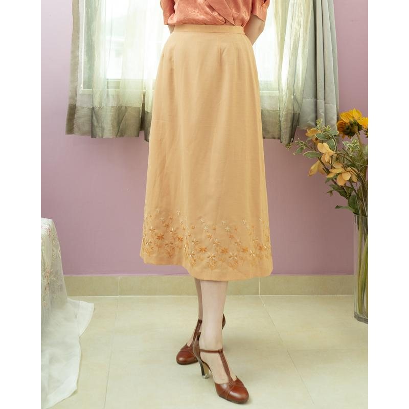 Vintage Japanese Design Peach Orange A-Line Tea Length Summer Skirt -Waist 25~28" (MT1606-57)