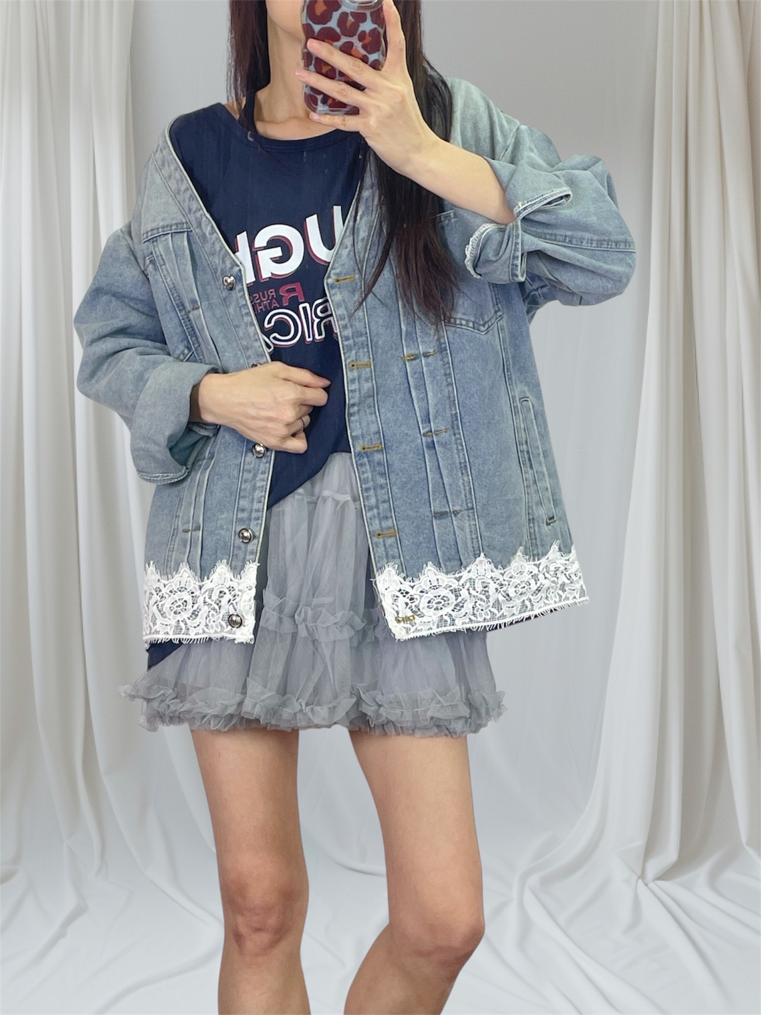 K5558 洗水牛仔衫腳拼lace外套