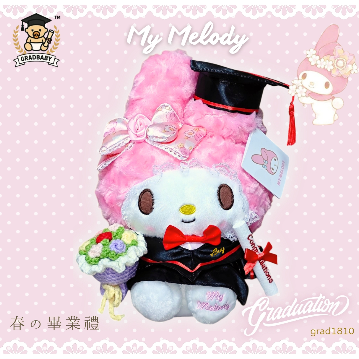 特別版玫瑰花毛毛 My Melody 畢業公仔｜正版 Sanrio 28cm｜玫瑰圈圈毛 × 毛冷花束 × 可加名字刺繡｜畢業禮物推薦 grad1810【香港現貨】